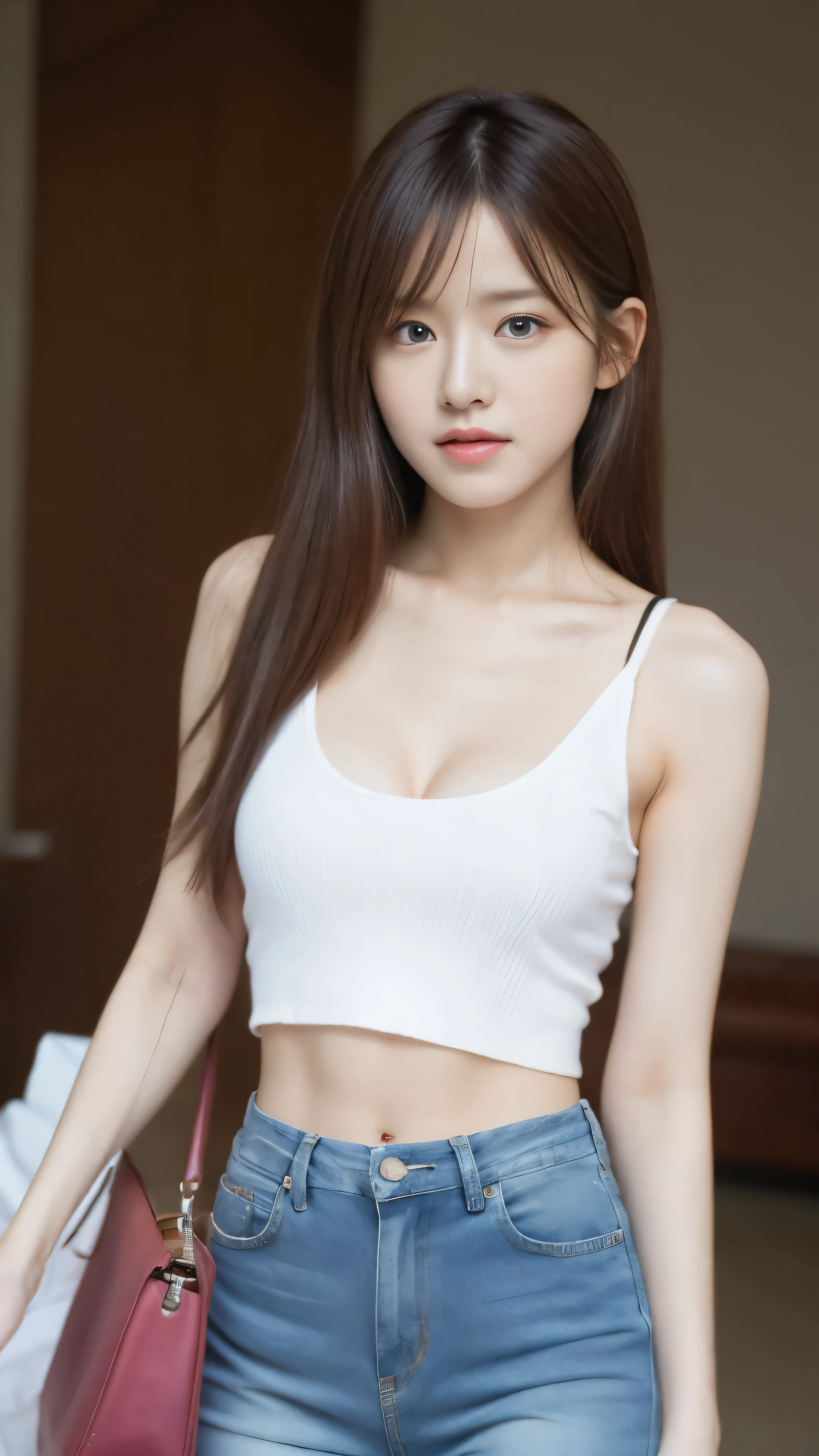 （lively， High resolution：1.3）， 1 Girl with perfect body， highly detailed face and eyes，white long hair， random color tank top：1.2， short jeans pantedium breasts，expose cleavage