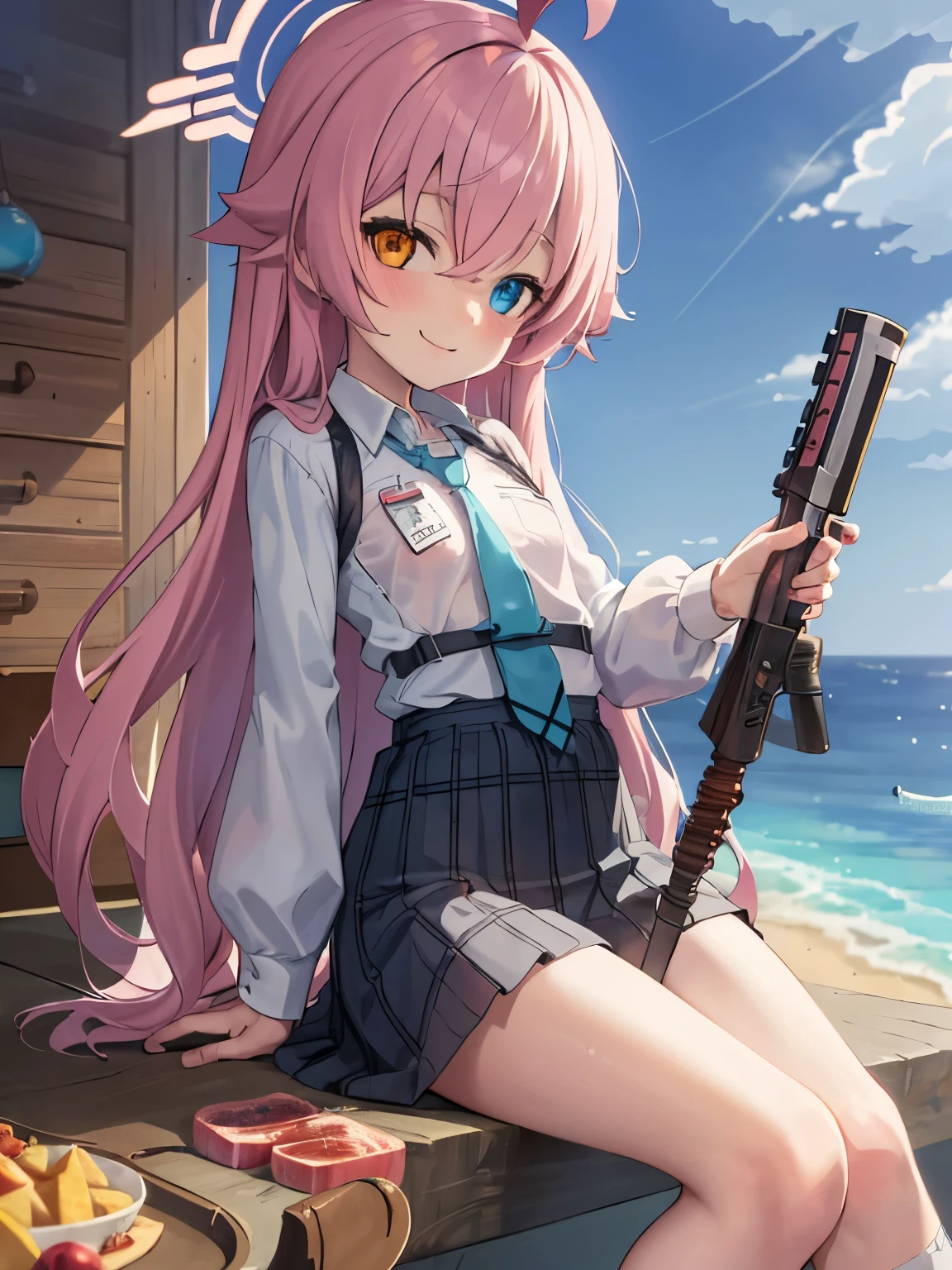 masterpiece, highest quality, Super detailed, indoors, school masterpiece, highest quality, Super detailed,  Hello,Hoshino, ,very long hair,orange eyes,blue eyes,heterochromia,pink hair,white shirt,chest harness,(small breasts:1.1),smile,