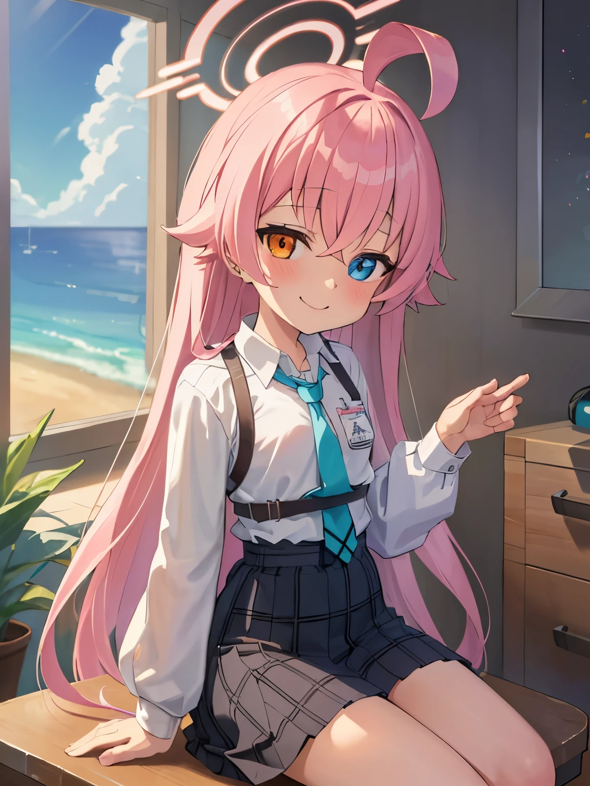 masterpiece, highest quality, Very detailed, indoor, school masterpiece, highest quality, Very detailed,  Hello,Takanashi Hoshino,Very long hair,Orange eyes,blue eyes,Heterochromia iridis,Pink Hair,Norvan,(Small breasts:1.1),smile, Sand Wolf Shiroko, Animal Ears