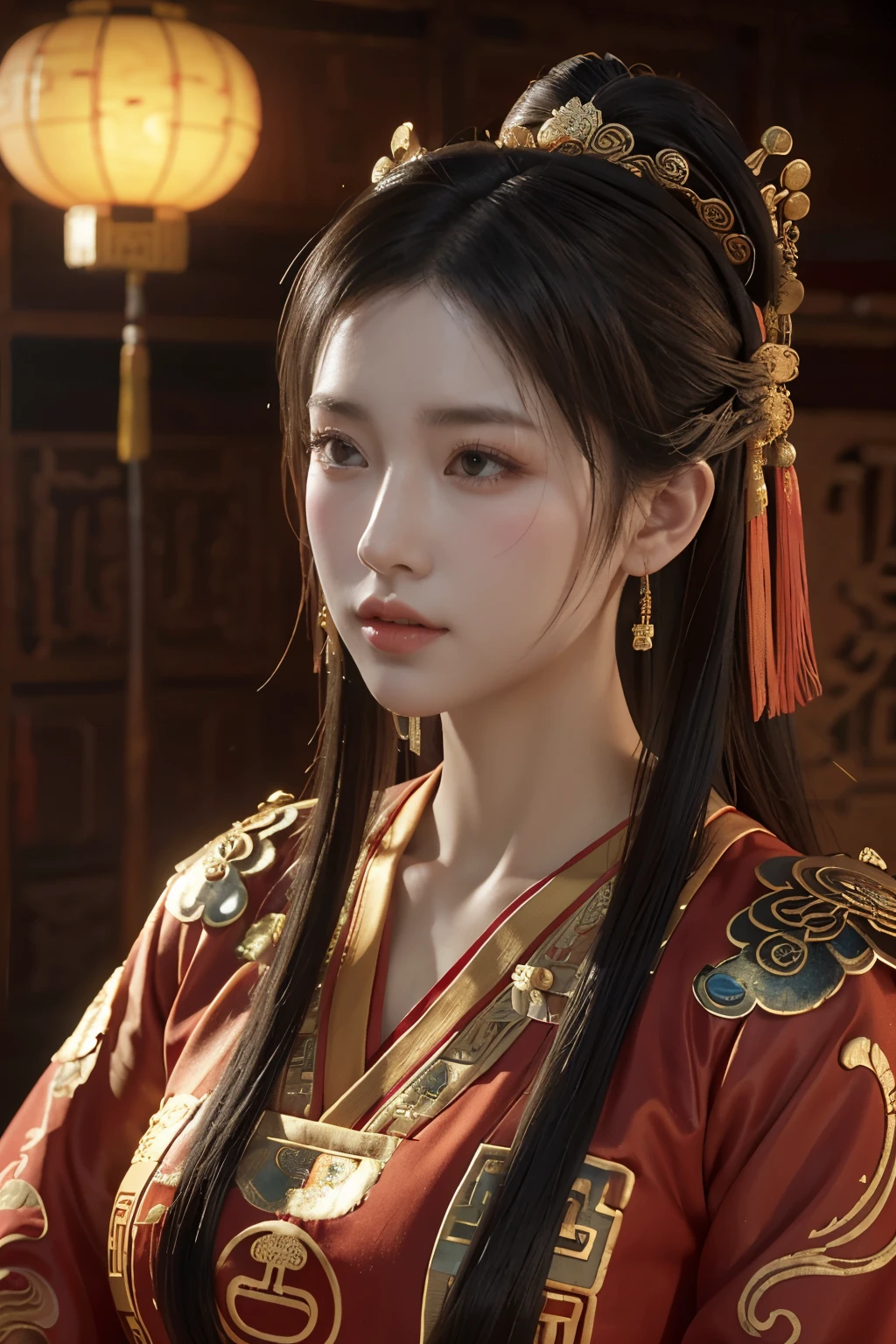 Game art,The best picture quality,Highest resolution,8K,(A bust photograph),(Portrait),(Head close-up),(Rule of thirds),Unreal Engine 5 rendering works, (The Girl of the Future),(Female Warrior),
20-year-old girl,(The generals of ancient China),An eye rich in detail,(Big breasts),Elegant and noble,indifferent,brave,
(Wearing ancient Chinese cloth,Chinese Hanfu,Costumes of the Tang Dynasty,Costumes are rich in detail,Simple shades),Chinese characters,fantasy style,
photo poses,wild background,Movie lights,Ray tracing,Game CG,((3D Unreal Engine)),OC rendering reflection pattern