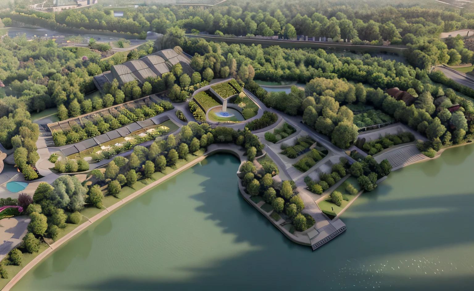 Sufficient details, best quality, masterpiece, high-resolution, 8k, high-definition, ultra realistic, photo realistic, highly detailed, daytime, landscape, green space, plants, parks, water, architecture