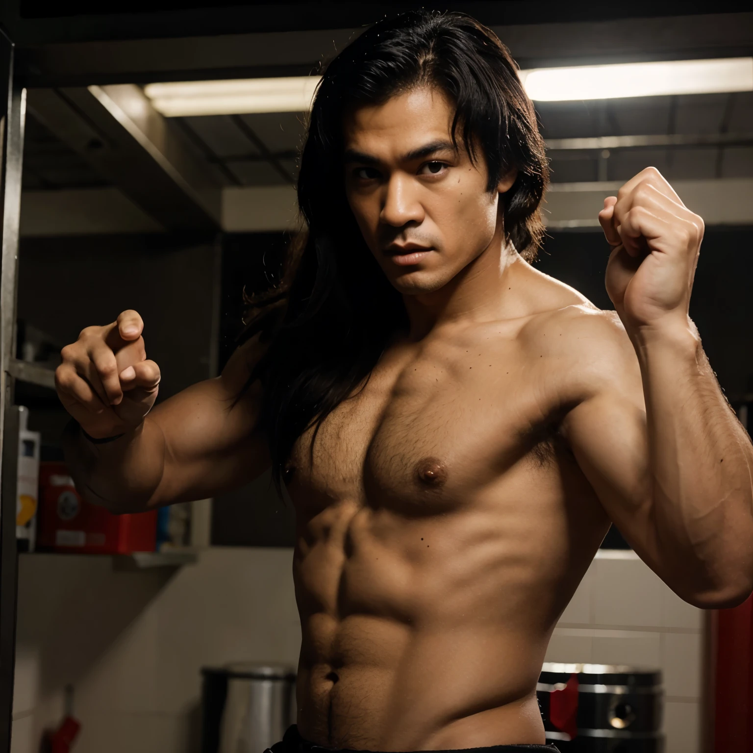 Bruce lee (pardo de cabelo grande ) usndo nunchakus