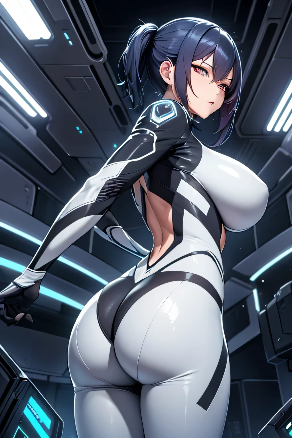 Milf, woman in a futuristic suit, highly detailed face, cool, mom, tomboy, very large breast, (Milf), mature face, (mature female), cybersuit, anime girl wearing tight suit, milfication, Elegant body, navel focus, naked body, gloves, earrings, science fiction, female protagonist, standing, volumetric light, detailed lighting, detailed textures, oppai cyberpunk, biomechanical oppai, masterpiece, best quality eyes, sci-fi background, futuristic landscape, low angle、smooth surface、((pointing your butt)), ((Standing with feet together, facing backwards))