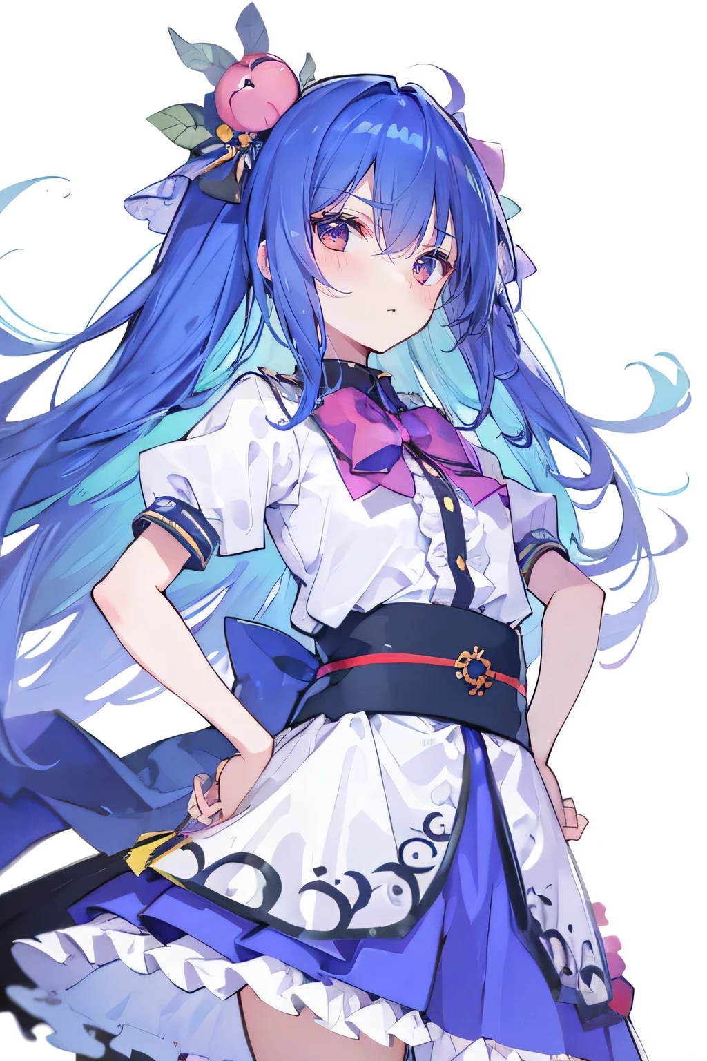 (masterpiece),best quality, expressive eyes, perfect face, 1girl,
 Put your hands on your waist,fair, Gorgeous,Japanese cartoons,girl,lola,Hina Angel, blue hair, blue haired, floating clothes,Grab your waist, Grab your waist, hands on hips , hands on hips,flat chest