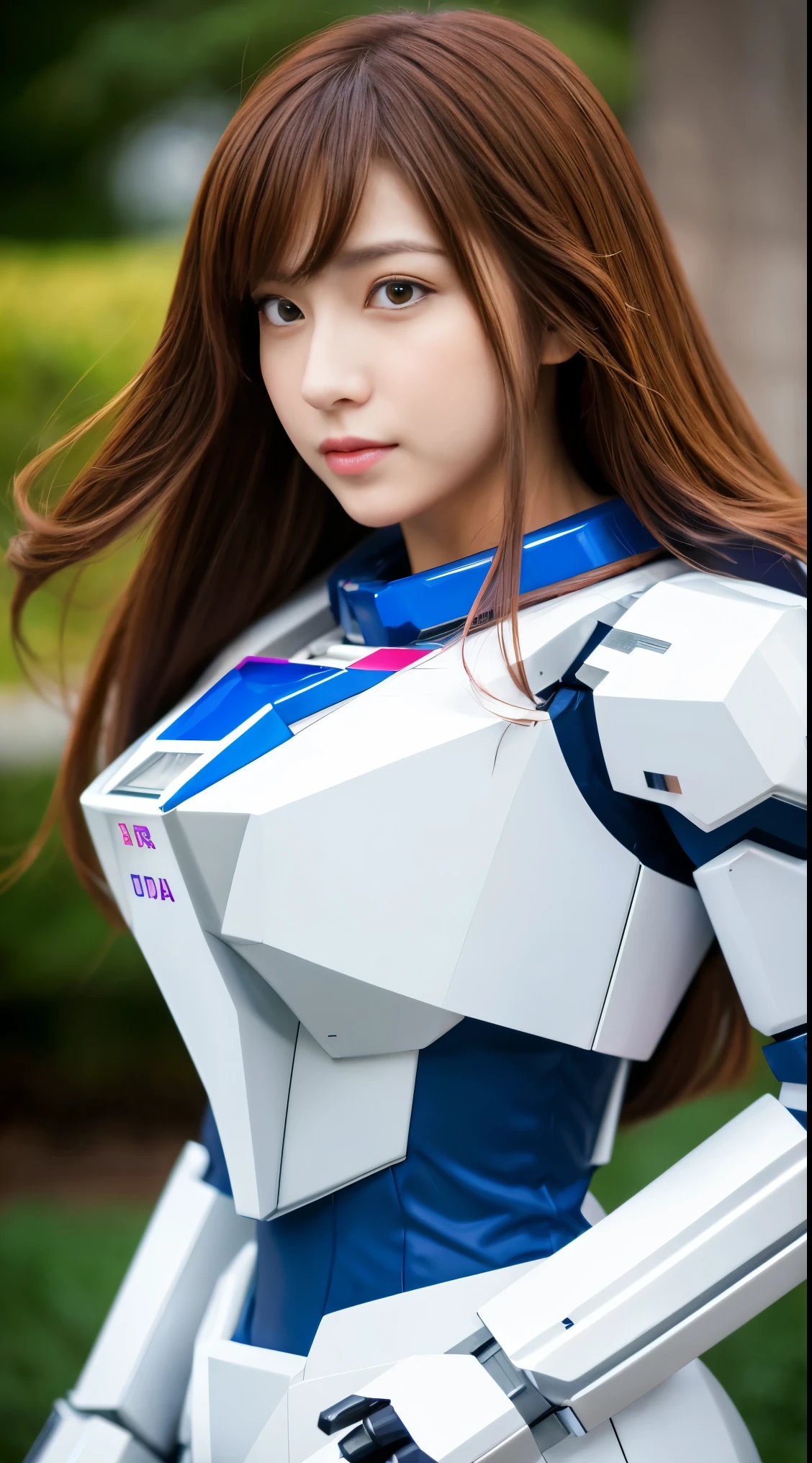 RAW, Masterpiece, Ultra Fine Photo,, Best Quality, Ultra High Resolution, Photorealistic, Sunlight, Full Body Portrait, Stunningly Beautiful,, Dynamic Poses, Delicate Face, Vibrant Eyes, (Side View) a close up of a woman in a pink and white gundam custume, dybamic pose, long brown very very very long long hair rapunzel, girl in mecha cyber armor, portrait armored astronaut girl, d. va from overwatch, female mecha, on a gundam, gundam head, chiho aoshima color scheme, mobile suit, streamlined purple armor, fully robotic!! girl, realistic cosplay, gundam armor (dynamic pose) (best cameraview), full body, sit down