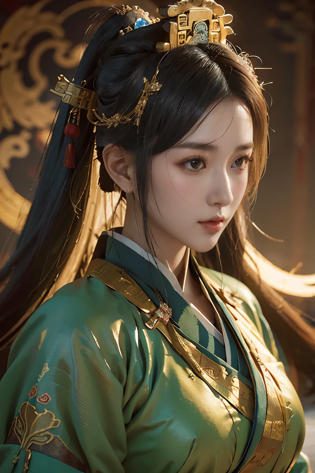 Game art,The best picture quality,Highest resolution,8K,(A bust photograph),(Portrait),(Head close-up),(Rule of thirds),Unreal Engine 5 rendering works, (The Girl of the Future),(Female Warrior),
20-year-old girl,(The generals of ancient China),An eye rich in detail,(Big breasts),Elegant and noble,indifferent,brave,
(Wearing ancient Chinese cloth,Chinese Hanfu,Costumes of the Tang Dynasty,Costumes are rich in detail,Simple shades),Chinese characters,fantasy style,
photo poses,wild background,Movie lights,Ray tracing,Game CG,((3D Unreal Engine)),OC rendering reflection pattern