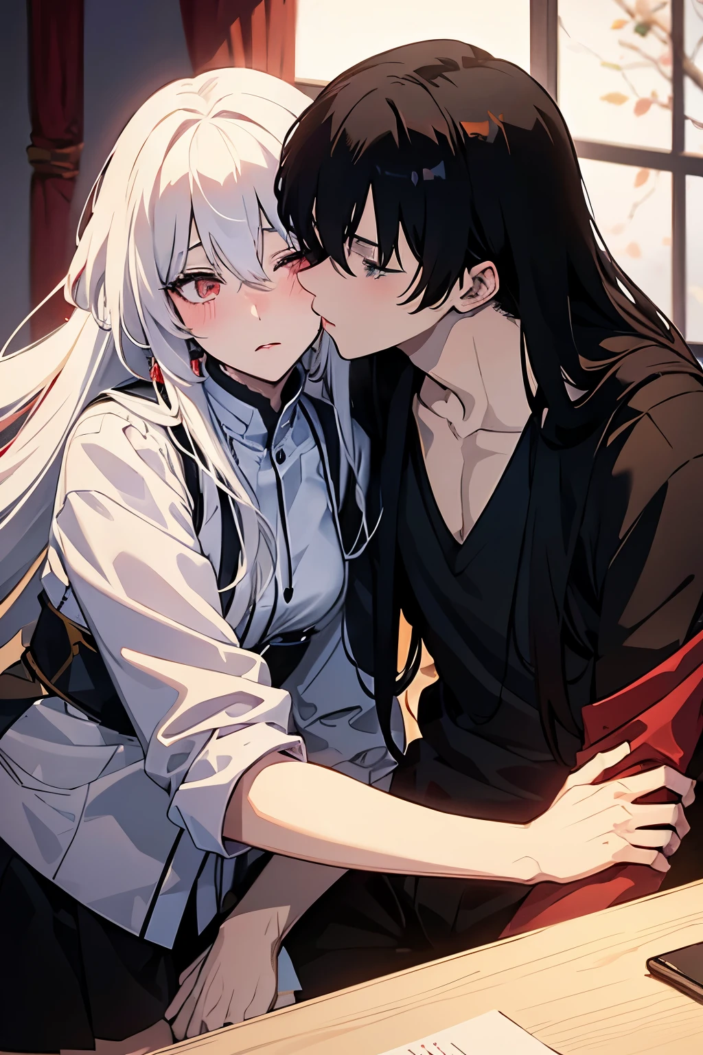 Anime boy with white hair, kissing anime girl with black and red long hair, blushing blushing 