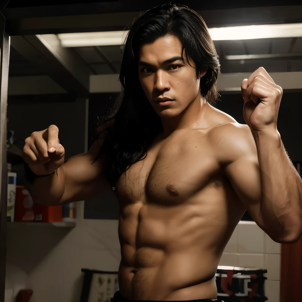 tem um homem de cabelo comprido e sem camisa posando para uma foto, homem afro desendente, Muay Thai heroic pose with nunchucks in hands , como bruce lee, pessoas conhecidas, em pose de luta, tsurumaki kazuya, inspirado em Li Kan, lindo chad queixo, inspirado em Jorge Jacinto, Joe Taslim, Damien Tran, lutador de kickboxer, Rick Dai, como um personagem em Tekken