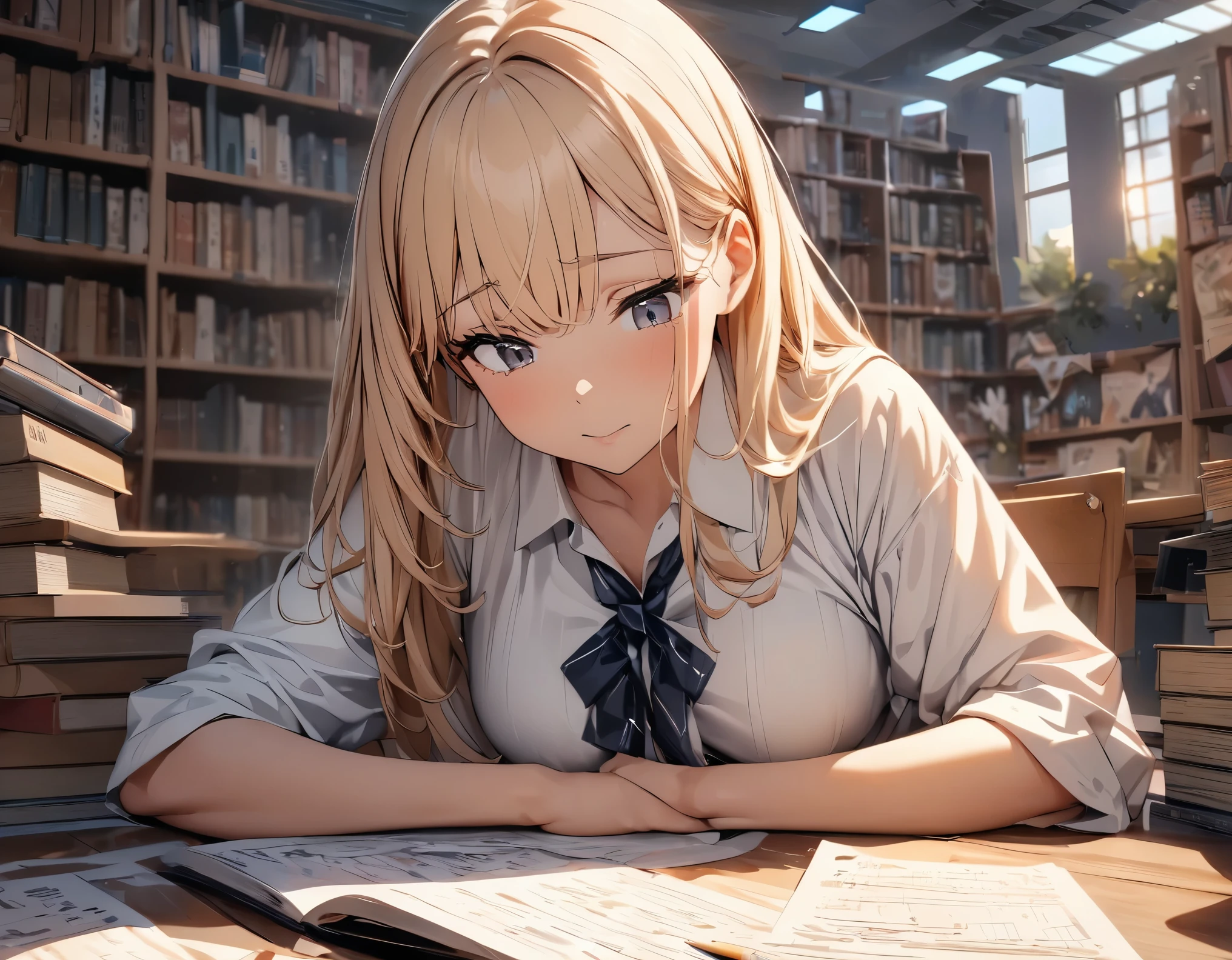 (highest quality, 4k, 8K high resolution, masterpiece:1.2), Super detailed, one person, woman, （A girl who studies reluctantly）、picture、pencil、paper、Book、teaching materials、Concentration、tired eyes、long hair、uninterested look、Library Background、a quiet room、soft lighting、Bright colors、detailed shading、微妙なpencilのストローク。 (high resolution)、no distractions、強いConcentrationと決断力があります。
