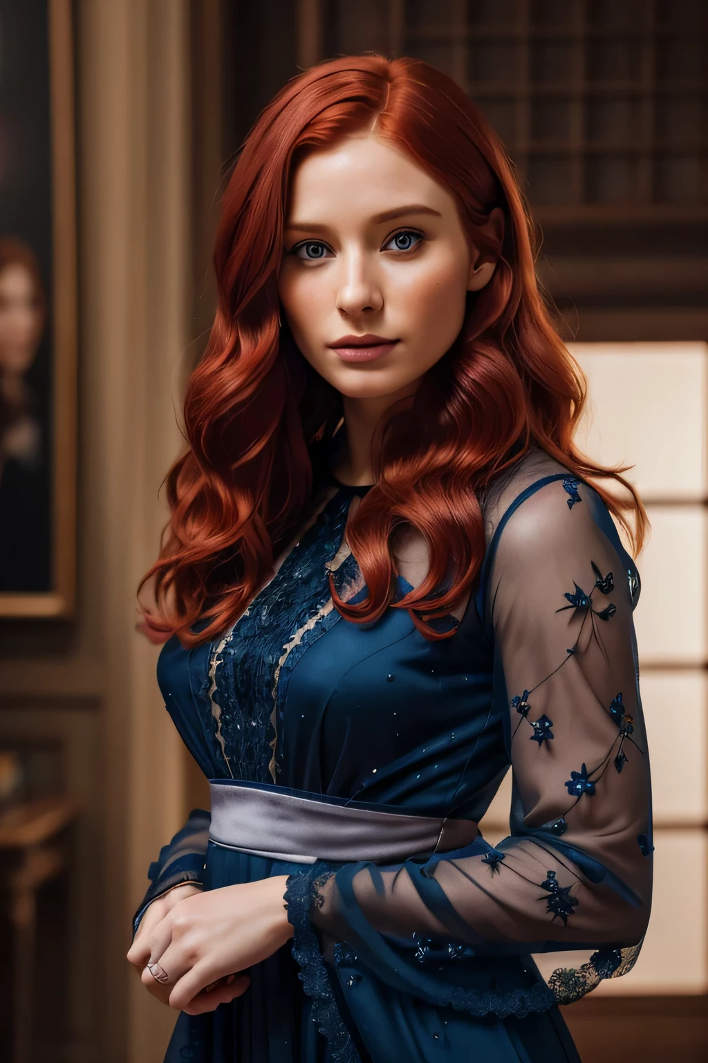 Beautiful redhead girl, Bryce Dallas Howard, with shor chanel hair and dark blue and (Extra long wavy red tresses), ((Portrait)), ((Detailed face:1.2)), ((detailed facial features)), (finely detailed skin), fair complexion, ,posing elegantly on flower shop, Radiating confidence, (Fashionable red dress), (Photorealistic rendering), (High resolution: 4K or above), (Sharp rendering: Retina ready), Masterpiece, (Cinematic mood), Captured using Canon EOS R6, 85mm Lens, F/1.4, Natural light, (Detailed
