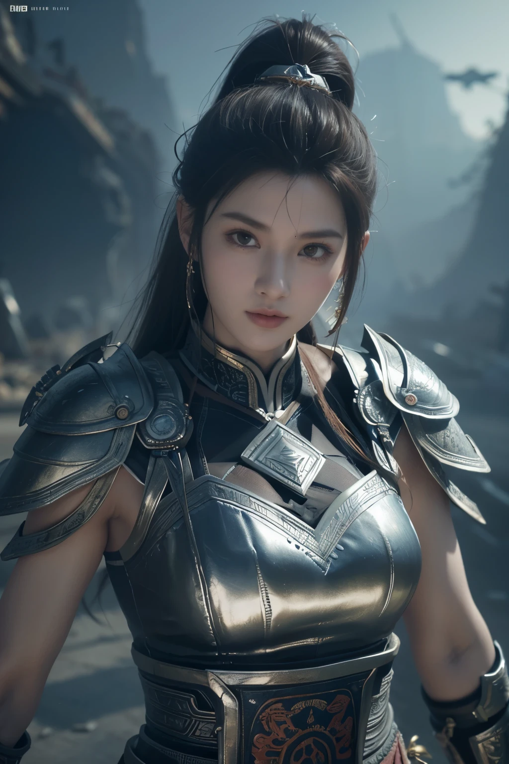 Game art，The best picture quality，Highest resolution，8K，(A bust photograph)，(Portrait)，(Head close-up)，(Rule of thirds)，Unreal Engine 5 rendering works， (The Girl of the Future)，(Female Warrior)， 
15 year old girl，(The generals of ancient China)，An eye rich in detail，(Big breasts)，Elegant and noble，indifferent，brave，
(Wearing ancient Chinese style armor，Armor of Tang Dynasty，Costumes are rich in detail，Metallic luster，Silver gray)，Chinese characters，fantasy style，
photo poses，wild background，Movie lights，Ray tracing，Game CG，((3D Unreal Engine))，OC rendering reflection pattern