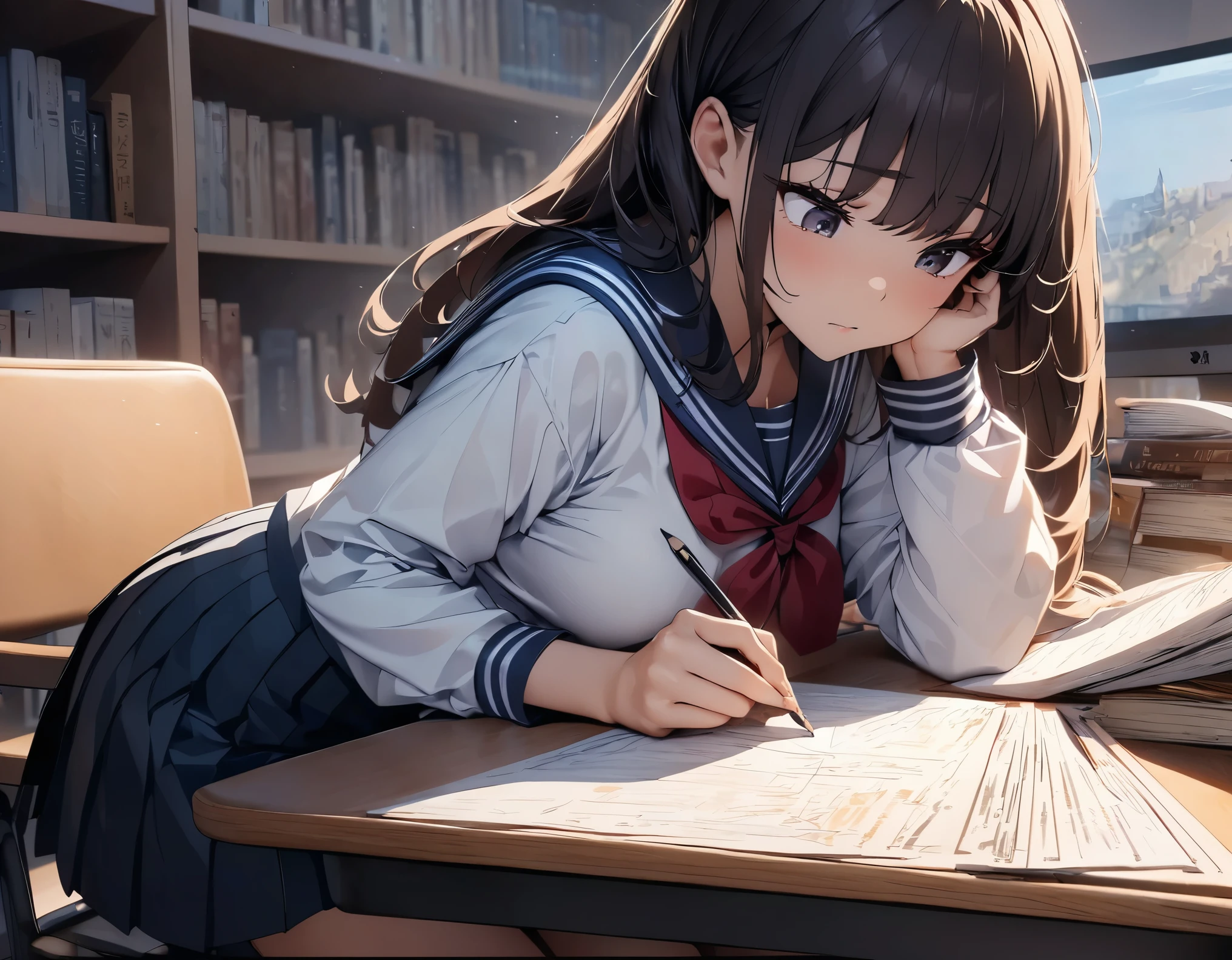 (highest quality, 4k, 8K high resolution, masterpiece:1.2), Super detailed, one person, woman, (A girl who studies reluctantly), (JK, , sailor suit, pleated skirt),picture、pencil、paper、Book、teaching materials、Concentration、tired eyes、long hair、uninterested look、Library Background、a quiet room、soft lighting、Bright colors、detailed shading、微妙なpencilのストローク。 (high resolution)、no distractions、強いConcentrationと決断力があります。