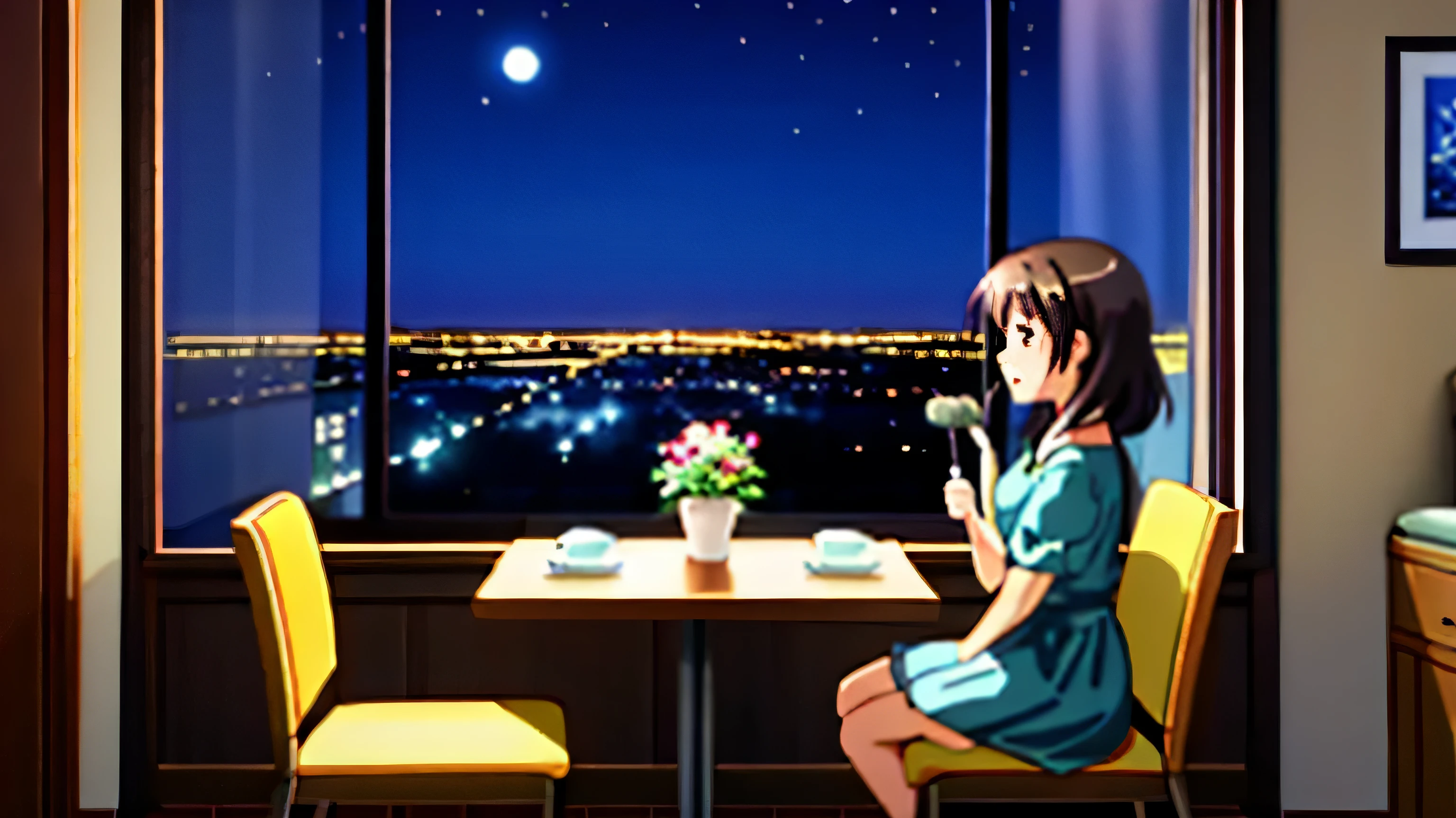 room at home、Animated scene of a woman sitting at a table with a cat, You can see the night view from the room window