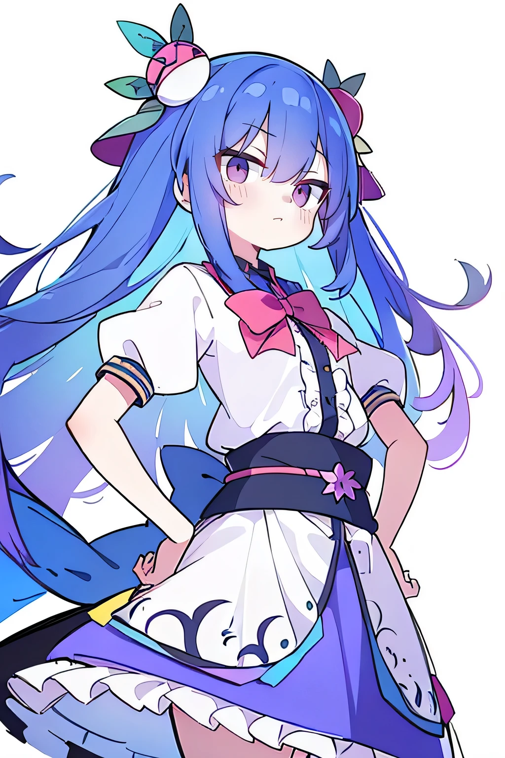 (masterpiece),best quality, expressive eyes, perfect face, 1girl,
 Put your hands on your waist,fair, Gorgeous,Japanese cartoons,girl,lola,Hina Angel, blue hair, blue haired, floating clothes,Grab your waist, Grab your waist, hands on hips , hands on hips,flat chest
