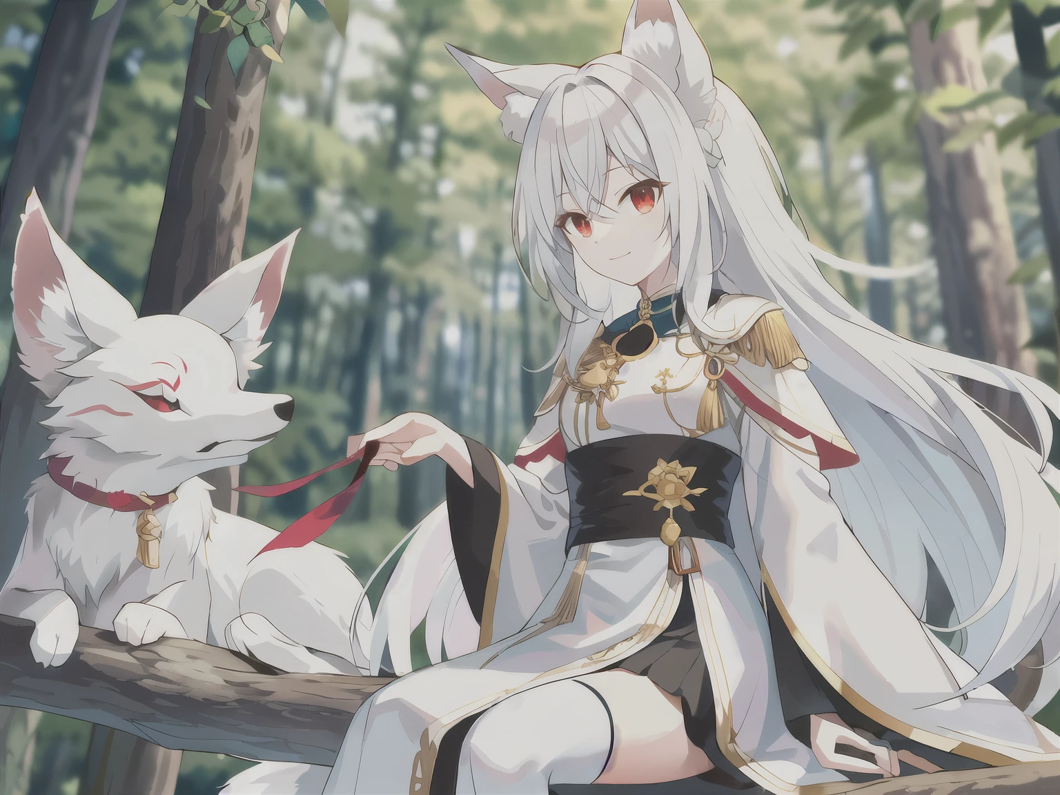 The background is a forest，Maiden sitting on a branch，white color hair，A cute fox ear，White cotton coat，Red eyes，Holding a little fox in her arms