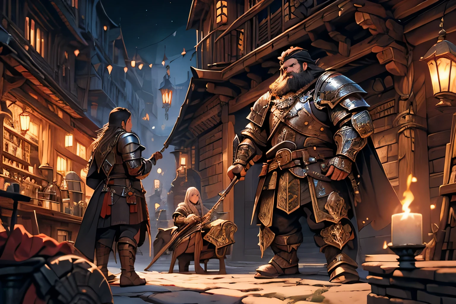 A detailed illustration inspired by the Renaissance period showcasing dwarven blacksmiths meticulously crafting weapons and armor in a bustling underground city, intricate cobblestone streets, flickering torchlight casting dramatic shadows, ornate ironworks, medieval fantasy theme, high contrast lighting to enhance the setting, immersive atmosphere