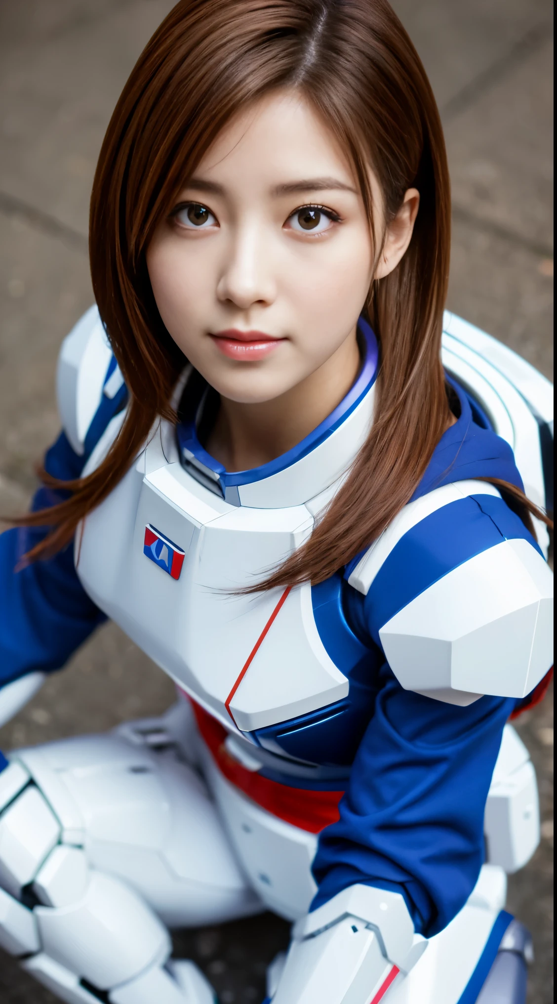 RAW, Masterpiece, Ultra Fine Photo,, Best Quality, Ultra High Resolution, Photorealistic, Sunlight, Full Body Portrait, Stunningly Beautiful,, Dynamic Poses, Delicate Face, Vibrant Eyes, (Side View) a close up of a woman in a pink and white gundam custume, dybamic pose, long brown very very very long long hair rapunzel, girl in mecha cyber armor, portrait armored astronaut girl, d. va from overwatch, female mecha, on a gundam, gundam head, chiho aoshima color scheme, mobile suit, streamlined purple armor, fully robotic!! girl, realistic cosplay, gundam armor (dynamic pose) (best cameraview), full body, sit down
