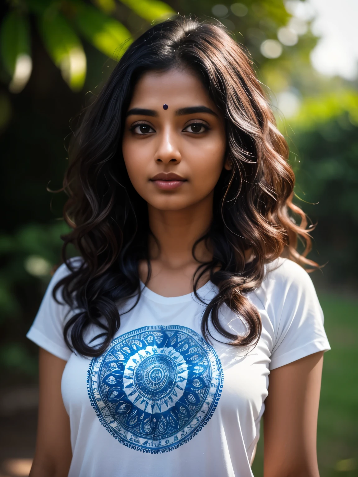 A beautiful indian woman with wavy hair attractive eyes, front facing, looking zoomed at camera, all detailed, Wearing T-shirt , mistborn, best quality masterpiece, realistic photo, detailed, 8k, HDR, shallow depth of field, wide light, high contrast, backlight, light flares, chromatic aberration, sharp focus, RAW color photo, all very detailed