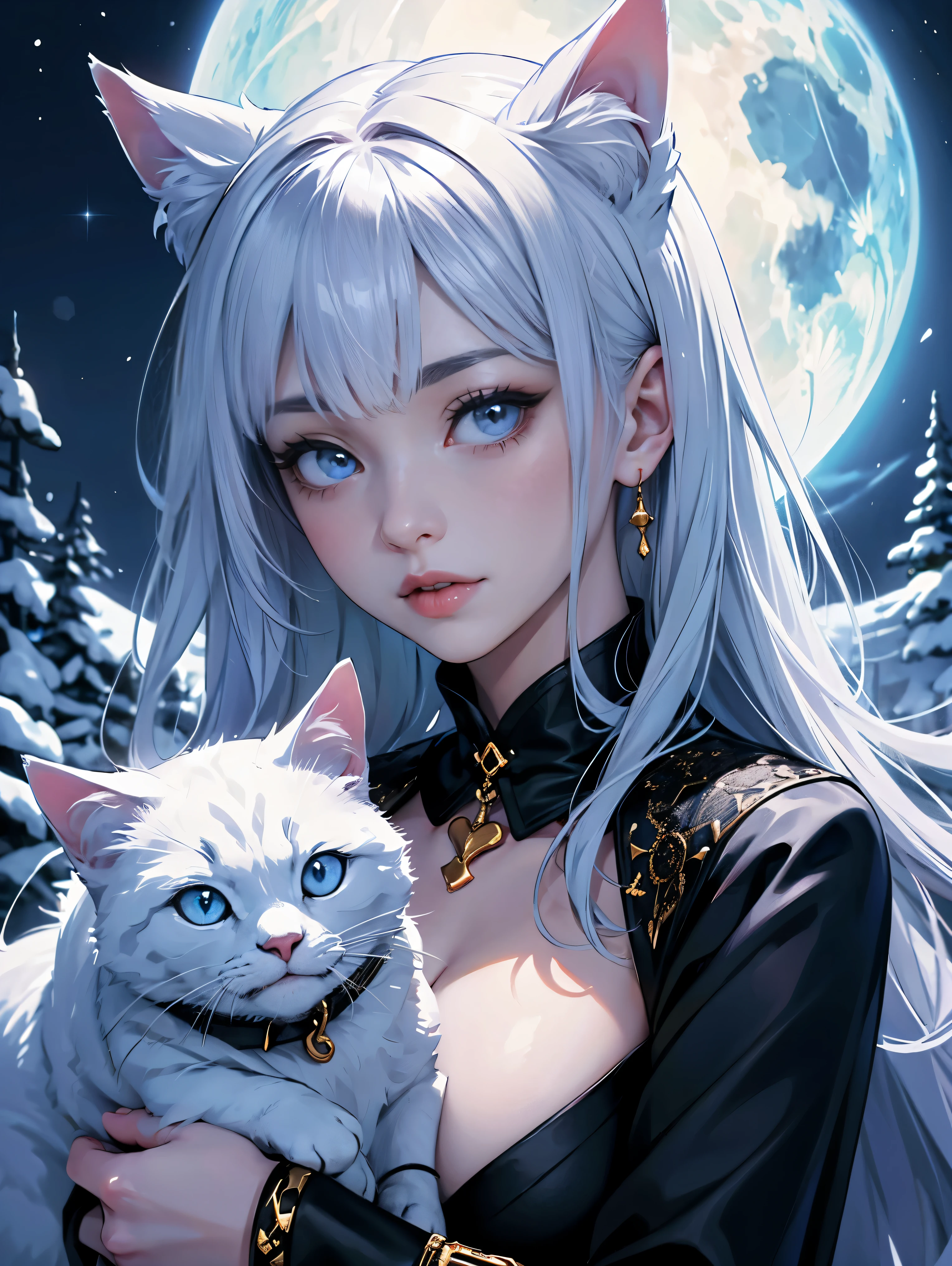 In a quaint village nestled between rolling hills and whispering forests, there lived a cat unlike any other. Her name was Luna, and her fur was as white as freshly fallen snow, adorned with patches of midnight black that shimmered like starlight. But what truly set Luna apart was her captivating gaze – eyes as deep and enchanting as the cosmos itself. realism, instgram, anime, Japan,manga style,