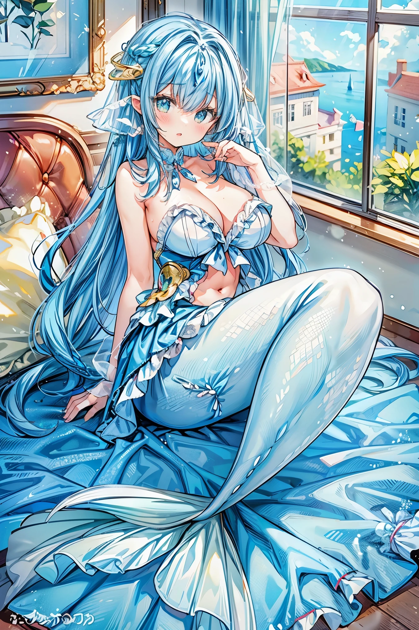 masterpiece, best quality,a woman,big breasts,Mermaid,full-body shot,charming脸(kawaii, charming,soft)