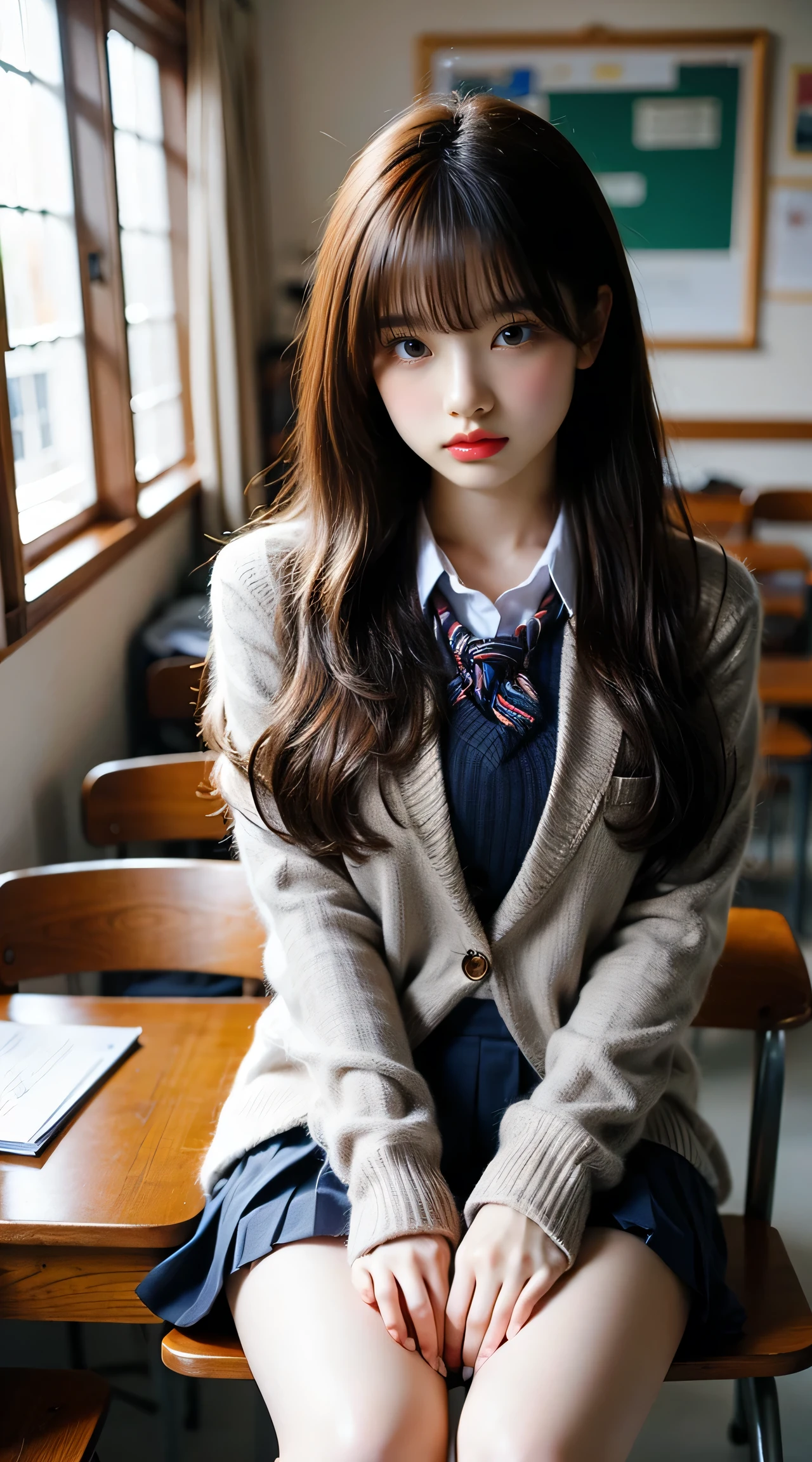 (8K、Raw photo、highest quality、masterpiece:1.2)、(realistic、Photoreal)、1 girl、((checked mini skirt、loafer uniform、dark blue socks、blazer、big breasts、classroom、sat on a chair、Seen from the front、stand with legs apart、))、lots of eyelashes、Glitter on your eyelids、skeletally correct