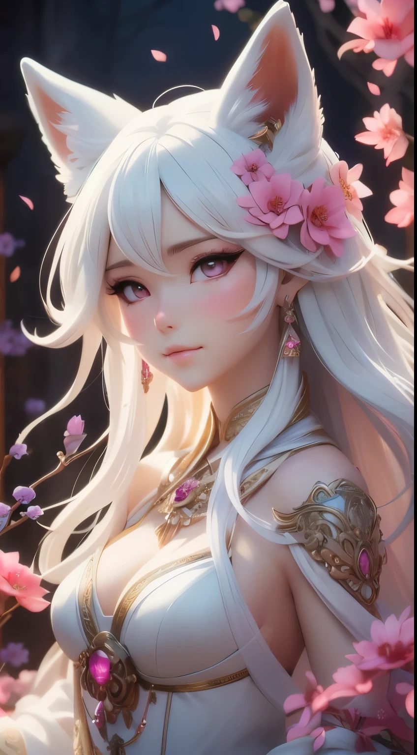Silver hair, pink eyes, older woman, pink red and gold clothes, hair ornament, cat ears, necklace, long hair, smiling face, upper body