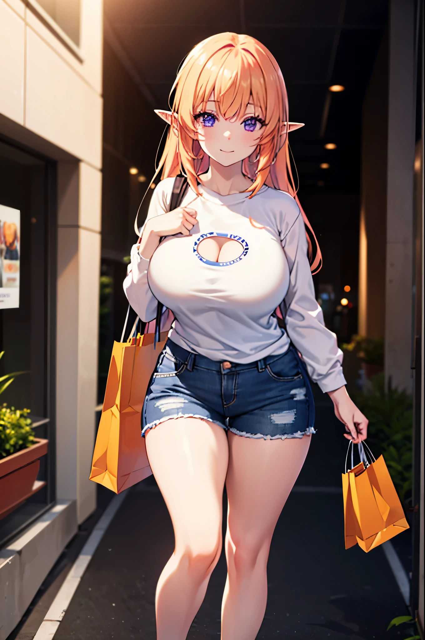 realistic image, coherent image, detailed image, 1 beautiful elf. She has orange blonde hair, long thin hair. Violet eyes, long eyelashes. Her face is oval and delicate. smiling happily she is wearing a long sleeve t-shirt. denim shorts. sneakers. She has a curvy body, big breasts and thick thighs. posing sensually, sexy pose, in a shopping center, surrounded by clothing stores. ambient light, volumetric light,