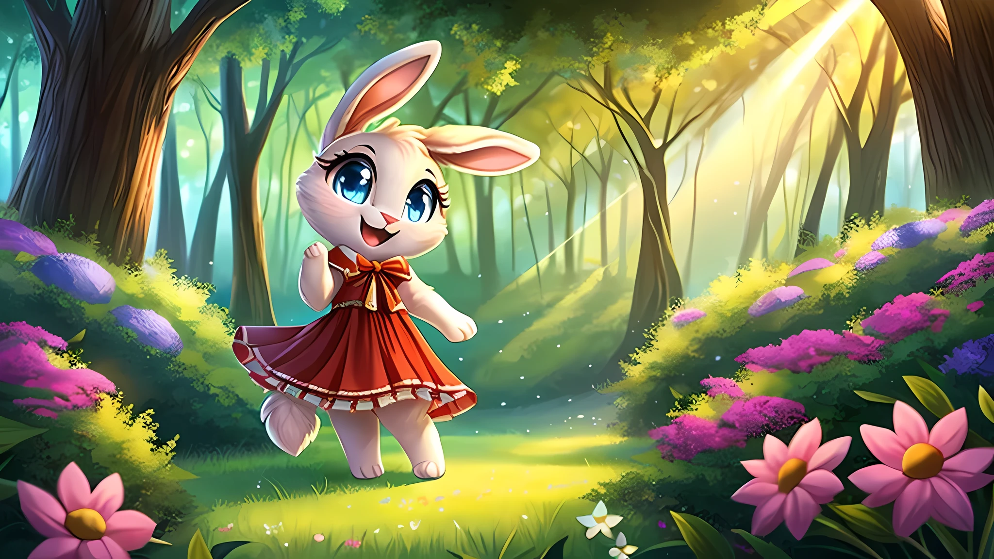 zoomed out image, ((solo character)), cute style art, fantasy style art, cute, adorable, short character, small, tiny little fluffy female white bunny with blue eyes, 4 ears, 2 extra ears, big floppy ears and raised ears, long ears, long eyelashes, poofy rabbit tail, wearing a red frilly ribbon dress, smiling, standing in a thick green forest, realistic forest, soft tones, big expressive smile, open mouth, wide eyes, excited eyes, excited face, looking at the scenery, looking at the trees in wonder, exploring happily, stunning visuals, sunlight coming through the trees, flowers scattered in the bushes, butterflies in the air, digital illustration
