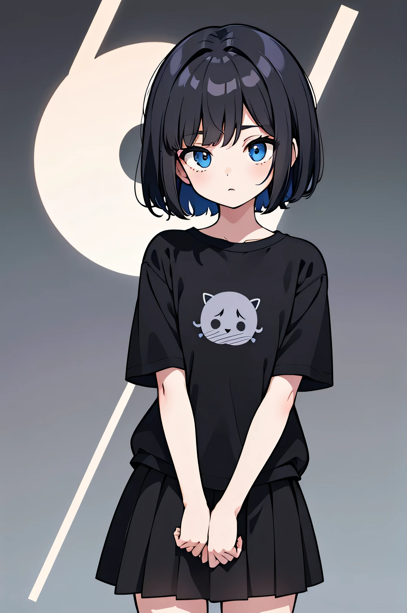 1girl, solo, blue eyes, (detailed eyes), flat chest, short hair, black hair, ((black t-shirt)), simple t-shirt, black skirt, black socks, standing, upper body, (white background), Transparent background, looking down, ((masterpiece, illustration, best quality))