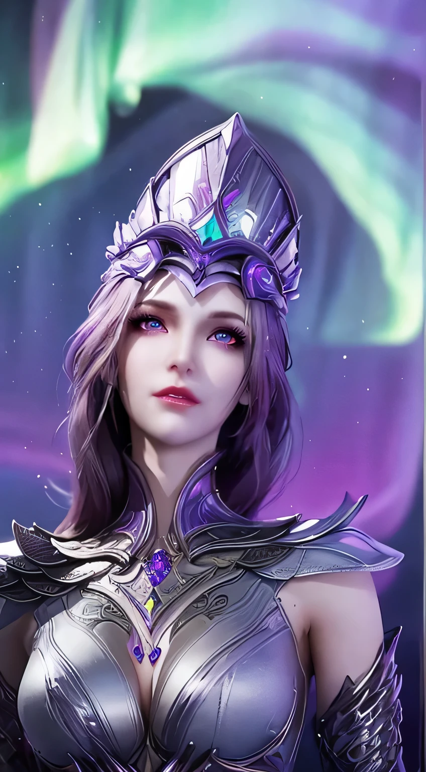 1 Sexy goddess wearing sexy purple armor, There are many complex and delicate patterns on the armor, thin armor, deep slit shirt, long, silky purple hair, Wearing a purple and silver spear cap, The most beautiful、The most delicate hair accessories, Pretty little face and thin eyebrows, The most beautiful、Spotless face, ((black iris:0.8)), verybeautifuleyes, big and round eyes, ((dark purple eyes:1.1)), Exquisite makeup eyelashes, a tall nose, Wear earrings, small red lips, rosy face, Clean face, Beautiful face without blemishes, smooth fair skin, ((Large breasts: 0.9)), blossom flower, ((bigger, Round chest:0.9)), ((super tight breasts:1.2)), ((breast enhancement: 0.8)), beautiful , Slim  body, ((big chest and thin waist: 0.9)), Upper body of a beautiful girl, Hot and sexy  body, Sexy girl, a skirt, 8k photograph, Super quality, hyper realisitc, 10x super pixels, Shoot real, dark studio, Bezel light, dichroic light, (Detail skin high: 1.2), 8k ultra high definition, SLR camera, Soft lighting, high high quality, volumettic light, Frankness, photore, A high resolution, optics, The best photos, 4k quality, 8K, bokeh, Smooth and sharp, 10x more pixels, (background space: 1.8), (galaxias: 1.7), extreme light, safe, Super graphics, The most realistic graphics,(Aurorabackground: 1.8), Alone, Alone, Portrait 9:16, Extremely sharp, surreal image,
