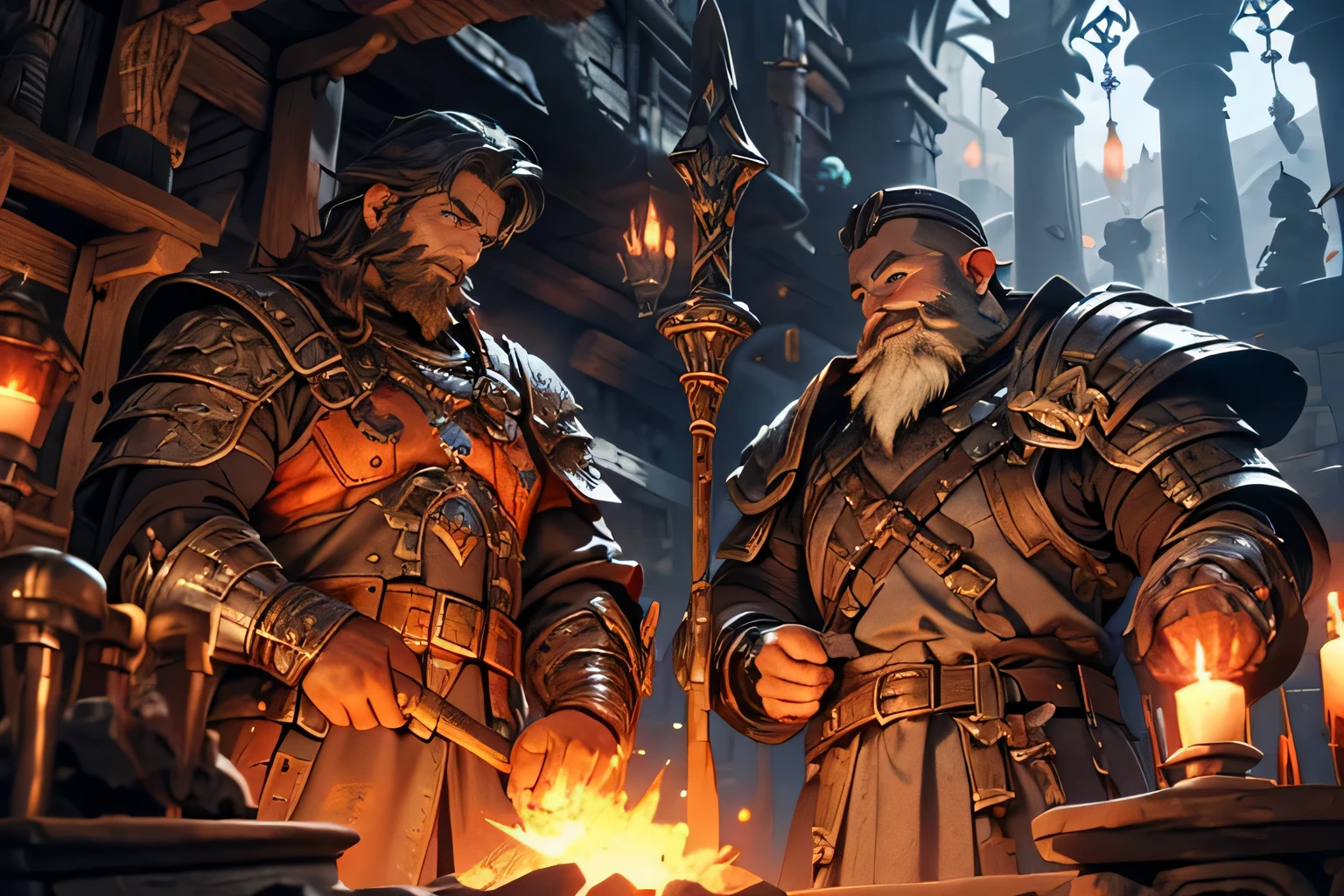 A detailed illustration of dwarven blacksmiths crafting weapons and armor in an underground city, medieval fantasy theme. The scene is filled with glowing lava flows, intricate metalwork tools, and stone architecture. The dwarves have long beards, wear leather aprons, and wield hammers with expert precision. The atmosphere is warm, with flickering torchlight casting dramatic shadows.
