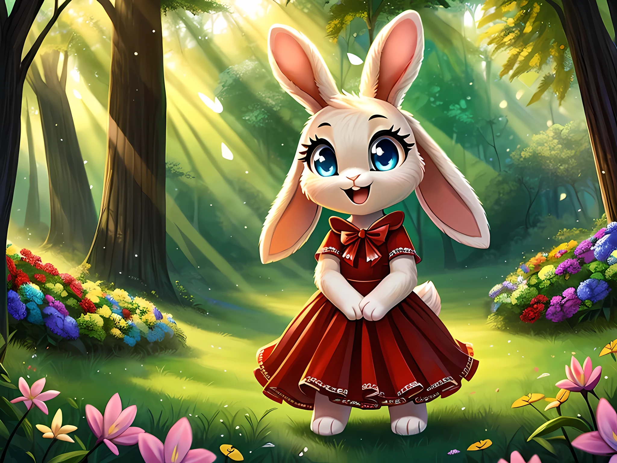 zoomed out image, ((solo character)), cute style art, fantasy style art, cute, adorable, short character, small, tiny little fluffy female white bunny with blue eyes, 4 ears, 2 extra ears, big floppy ears and raised ears, long ears, long eyelashes, poofy rabbit tail, wearing a red frilly ribbon dress, smiling, standing in a thick green forest, realistic forest, soft tones, big expressive smile, open mouth, wide eyes, excited eyes, excited face, looking at the scenery, looking at the trees in wonder, exploring happily, stunning visuals, sunlight coming through the trees, flowers scattered in the bushes, butterflies in the air, digital illustration