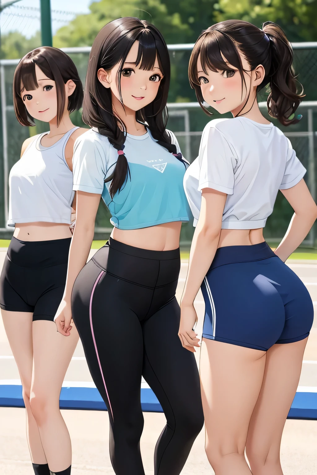 (highest quality、High resolution、detailed background)、(Highly detailed beautiful face:1.4)、cute age girl、(three women:1.2)、Brown hair or other cute hair colors、Each cute braided hairstyle、Braided bob cut、braided ponytail、huge breasts、realistic、perfect body line、thick thighs、Attractive big buttocks、healthy、Uplifting、cute、
(Three beautiful girls wearing gym clothes are standing side by side with their backs facing each other in the school playground.:1.5)、Accentuate your attractive buttocks、look of trust、I feel safe、
You can add cuteness and femininity to your bloomers by incorporating frills and lace decorations.、Frills and lace on the waist and hem give it a more attractive look.、
Bloomers generally have a high waist design with a high waist part.、The high waist design not only makes your legs look longer, but also emphasizes your feminine silhouette.、
Bloomers are also important for their ease of movement, which can be used for sports and gymnastics.、The stretch material allows for freedom of movement while flattering your body lines.、
laughing playfully、smiling、A big smile、Healthy charm、cute