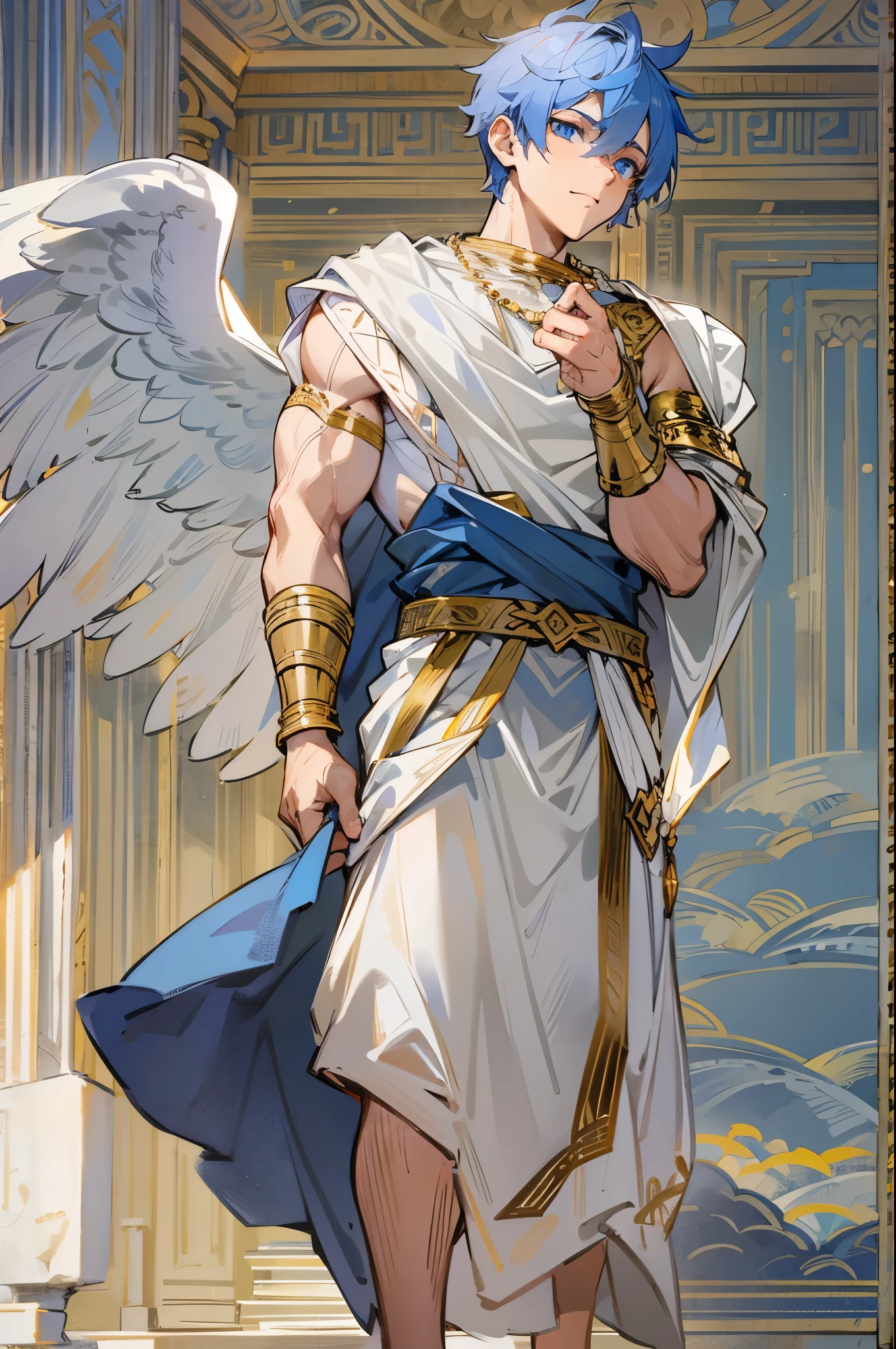 1male, Adult, Blue eyes, Short Blue Hair, Purple Hair, Two Toned Hair, Ancient Greek, White Toga, Jewelry, Sunny Sky, Muscular 