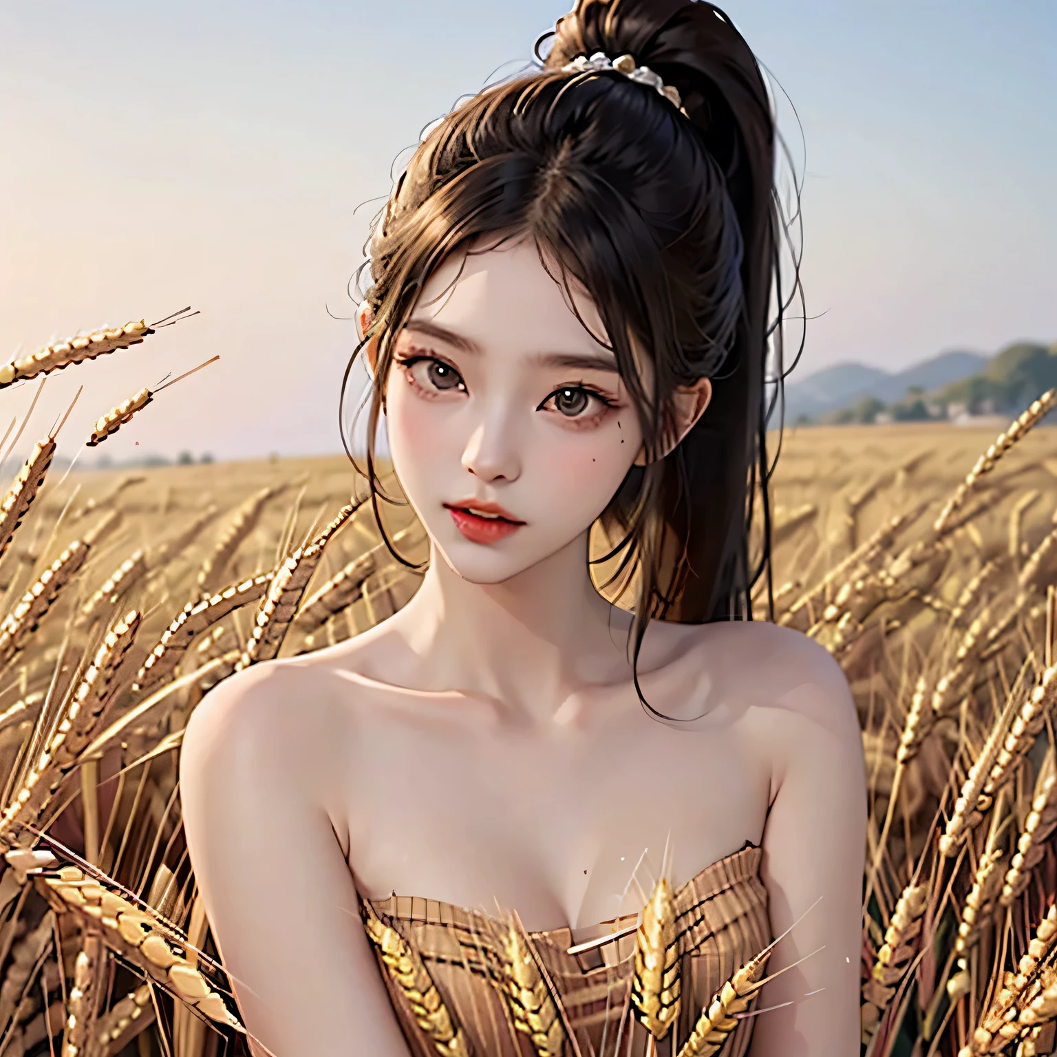 (((NFSW:1.5))), korean woman, (masterpiece, Beautiful person, ), There is farming in the countryside., (There is (cut wheat: 1.4)), give fertilizer, weeding, real face, no makeup, country girl, ponytail, detailed skin texture, fine cloth texture, fine and detailed face. masterpiece, slim waist, because I&#39;thin, big breasts,blonde