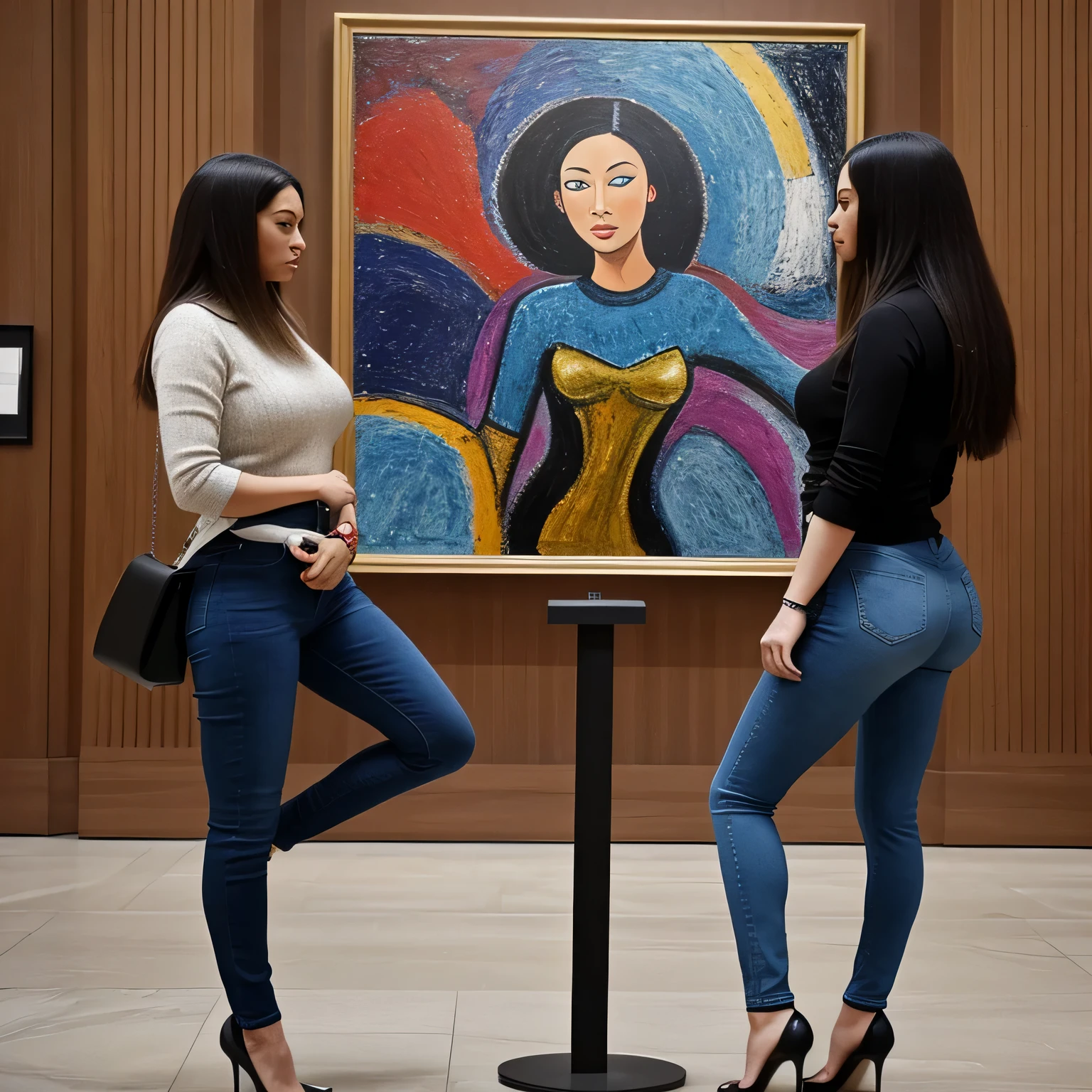 "What's this ugly object?" "This is a piece of abstract art!" And Some women wearing high heels and tight jeans in art museum saying,