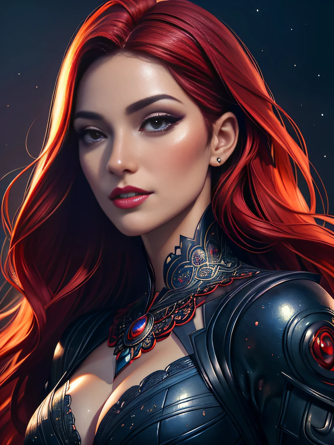 portrait shot, ((vivid red hair)), mature woman, 30 years old, diamond face, moonlight, red starry sky background, depth of field, magic, big red lips, ((dark black eyes)) black and red long and full dress, covered chest, mystical atmosphere, ominous shadows, Intense blue aura, Intense red aura (best quality:1.2), absurdres, intricate details, (highly detailed skin:1.2), smile expression, posing, taut and well defined body, attractive. Highly realistic, pale skin, beautiful, hyperrealism, skin very elaborated, direct gaze, (RAW, analogue, Nikon Z 14mm ultra-wide angle lens, award-winning glamour photograph, ((best quality)), ((masterpiece)), ((realistic)), skin pores, subsurface scattering, high-res, detailed facial features, high detail, sharp focus, smooth, aesthetic, extremely detailed, (extremely detailed eyes, extremely detailed iris), extremely detailed hair, extremely detailed skin, extremely detailed clothes, octane render, photorealistic, realistic, post-processing, max detail, realistic shadows, roughness, natural skin texture, real life, ultra-realistic, photorealism, photography, 8k UHD, photography, hdr, intricate, elegant, highly detailed, sharp focus, stunning, beautiful, gorgeous), realistic, masterpiece, highest quality, movie still, cloud girl, floating in the sky, (close-up:1.1), medium breast, bright, happy, fun, soft lighting, RAW photo, UHD, 32k, Natural light, cinematic lighting, masterpiece-anatomy-perfect, masterpiece:1.5
