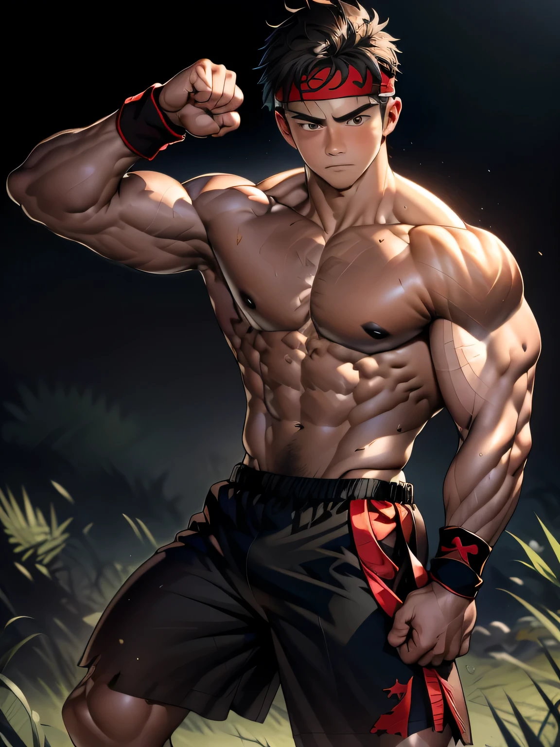 (Masterpiece, Best quality 20 year old boy, simple background), solo, Young, boy, muscler, full bodyesbian, Shirtless, topless, (Dark Short straight hair, under cut, brown eyes), (torn cloth, red headband, black shorts, ((black wristband))), Vivid colors, (hot Abs, big breast, chest muscle, upper arms), (topless male), closed mouth, serious, tight muscler body, Man with martial arts stance, ((epic martial arts pose, fighting pose))