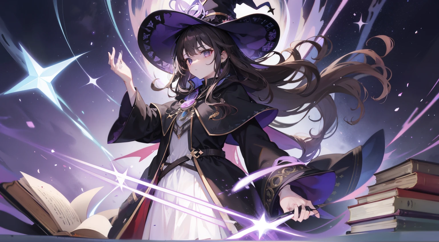 A witch，sideface，rosto magro，Purple-eyed，long whitr hair，A brown-haired，Wavy curly hair，Slim stature，Dark purple wizard hat，Wide brim，Peaked hat，Black wizard robes，Robe，The sleeves are longer than the wrists，Boots，Flying in the air，Paused books，Spread out the book，French formation，Law ball，beam of light，Six-pointed stars form the background，Books fluttered around