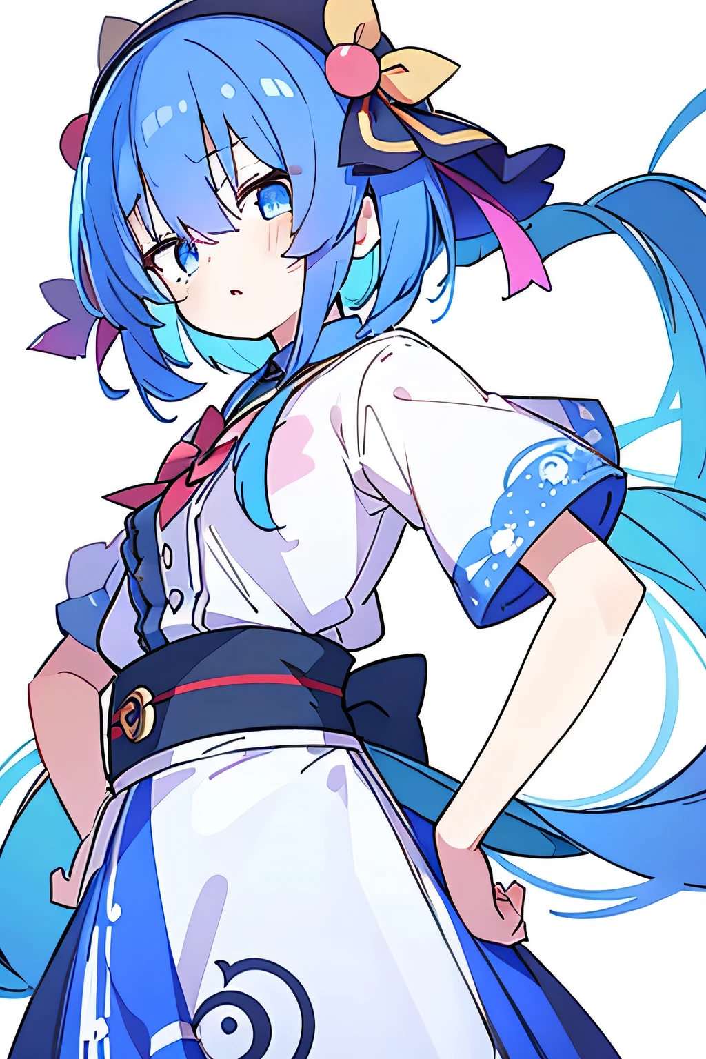 (masterpiece),best quality, expressive eyes, perfect face, 1girl,
 Put your hands on your waist,fair, Gorgeous,Japanese cartoons,girl,lola,Hina Angel, blue hair, blue haired, floating clothes,Grab your waist, Grab your waist, hands on hips , hands on hips,flat chest