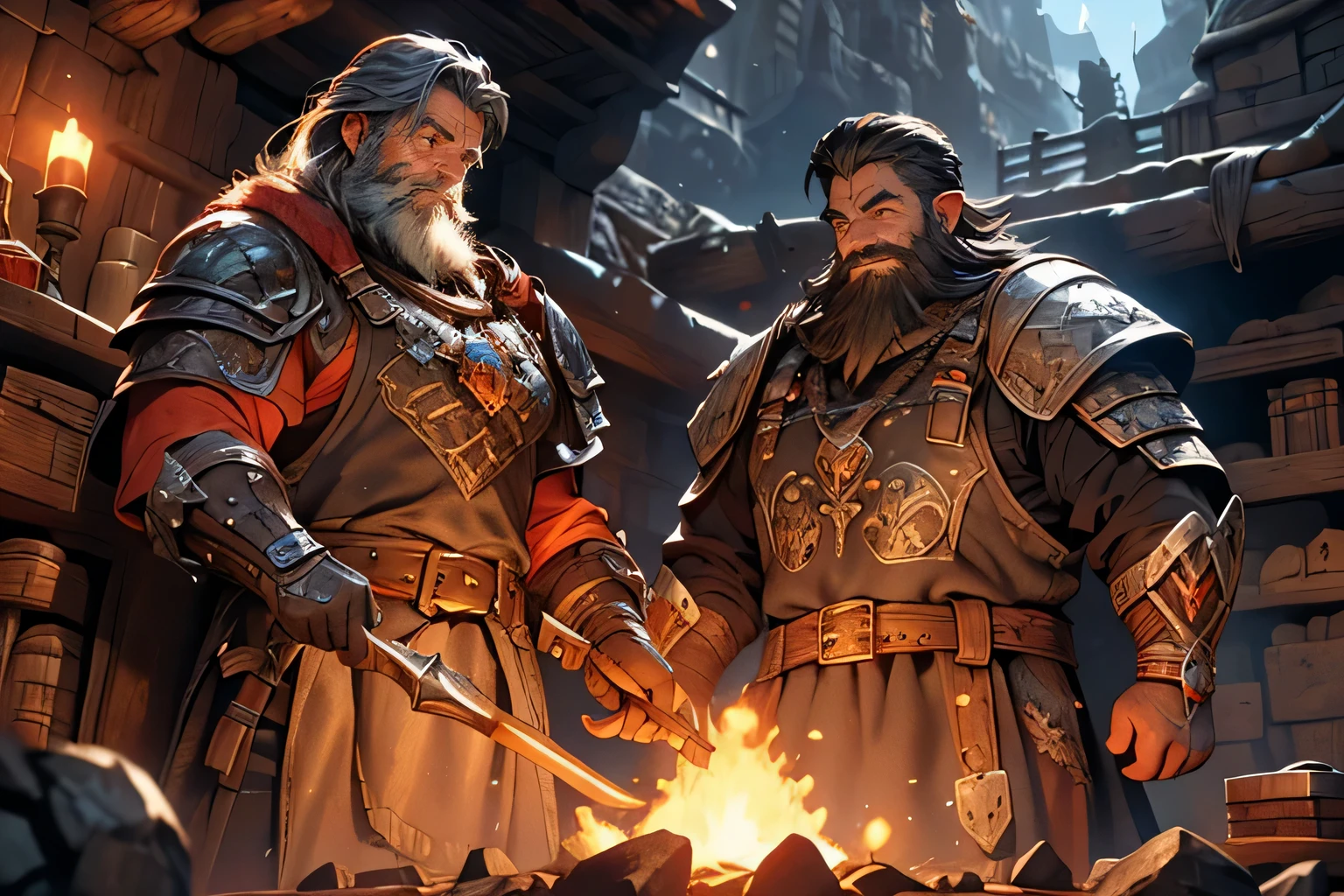 A detailed illustration of dwarven blacksmiths crafting weapons and armor in an underground city, medieval fantasy theme. The scene is filled with glowing lava flows, intricate metalwork tools, and stone architecture. The dwarves have long beards, wear leather aprons, and wield hammers with expert precision. The atmosphere is warm, with flickering torchlight casting dramatic shadows.
