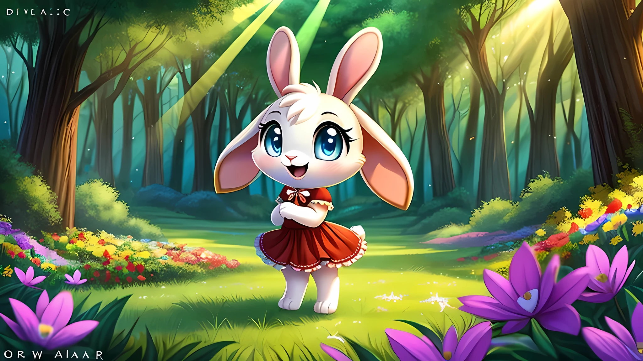 zoomed out image, ((solo character)), cute style art, fantasy style art, cute, adorable, short character, small, tiny little fluffy female white bunny with blue eyes, 4 ears, 2 extra ears, big floppy ears, long ears, ears perked up, raised ears, long eyelashes, poofy rabbit tail, wearing a red frilly ribbon dress, smiling, standing in a thick green forest, realistic forest, soft tones, big expressive smile, open mouth, wide eyes, excited eyes, excited face, looking at the scenery, looking at the trees in wonder, exploring happily, stunning visuals, sunlight coming through the trees, flowers scattered in the bushes, butterflies in the air, digital illustration