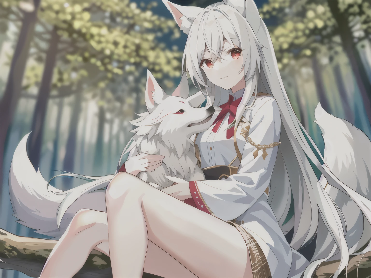 anime, (masterpiece, best quality, ultra-detailed), (grassland background), (beautiful detailed face), high contrast, 1 girl (solo, lying on the grass, angry face, mature girl, slim body, (silver hair with black tips):1.1, long hair, high detail eyes, glowing red eyes, fox ears, (white negligee, black underwear))