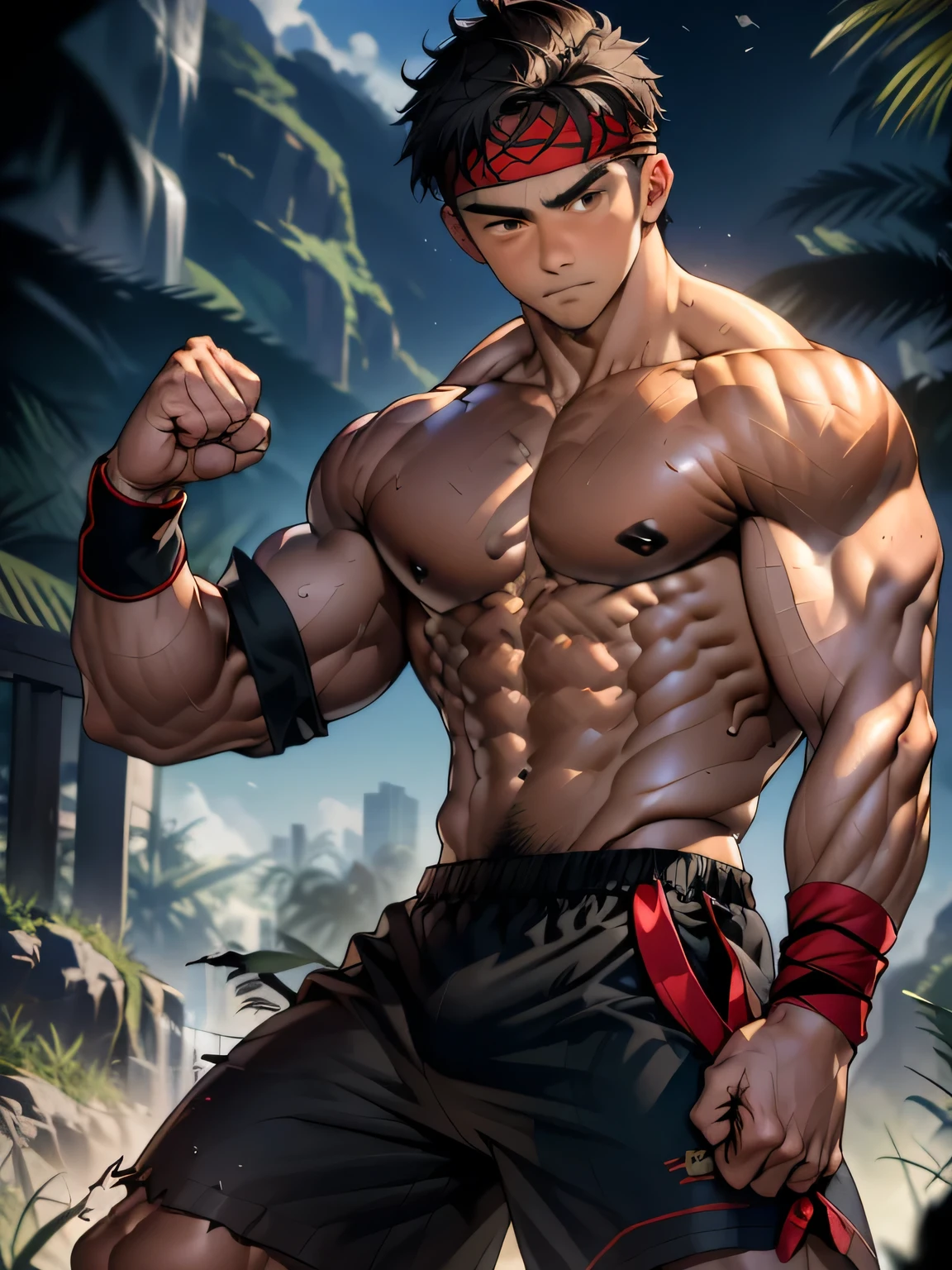(Masterpiece, Best quality 20 year old boy, simple background), solo, Young, boy, muscler, full bodyesbian, Shirtless, topless, (Dark Short straight hair, under cut, brown eyes), (torn cloth, red headband, black shorts, ((black wristband))), Vivid colors, (hot Abs, big breast, chest muscle, upper arms), (topless male), closed mouth, serious, tight muscler body, Man with martial arts stance, ((epic martial arts pose, fighting pose))