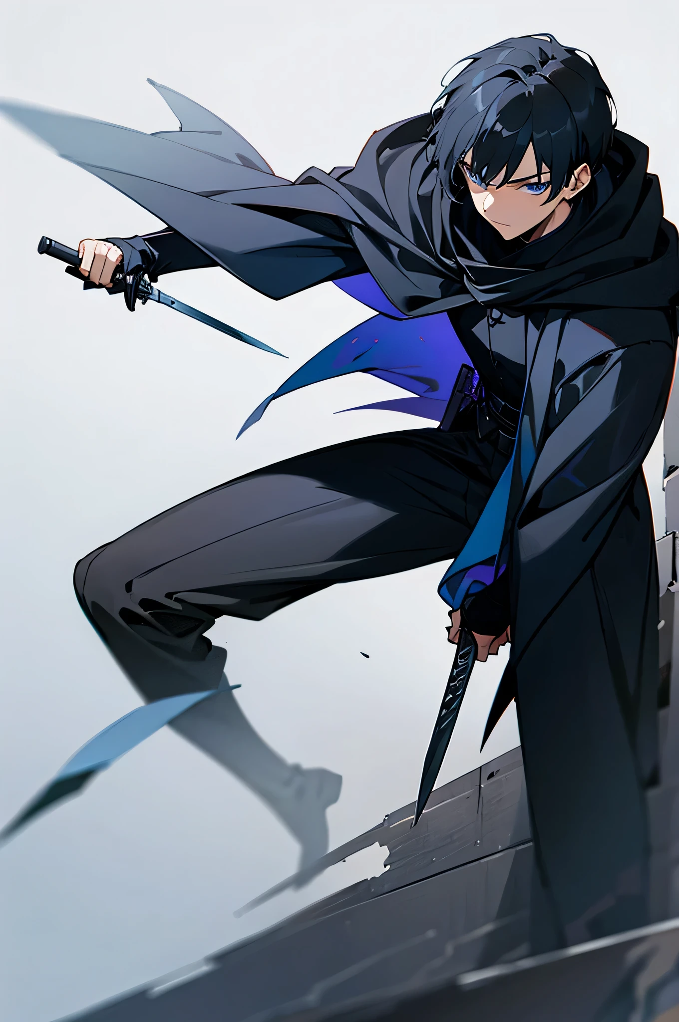 1 male, young adult, Black Hair, Black suit, Assassin Cloak, Dark Blue Eyes, Knife in hand, dark alley background.