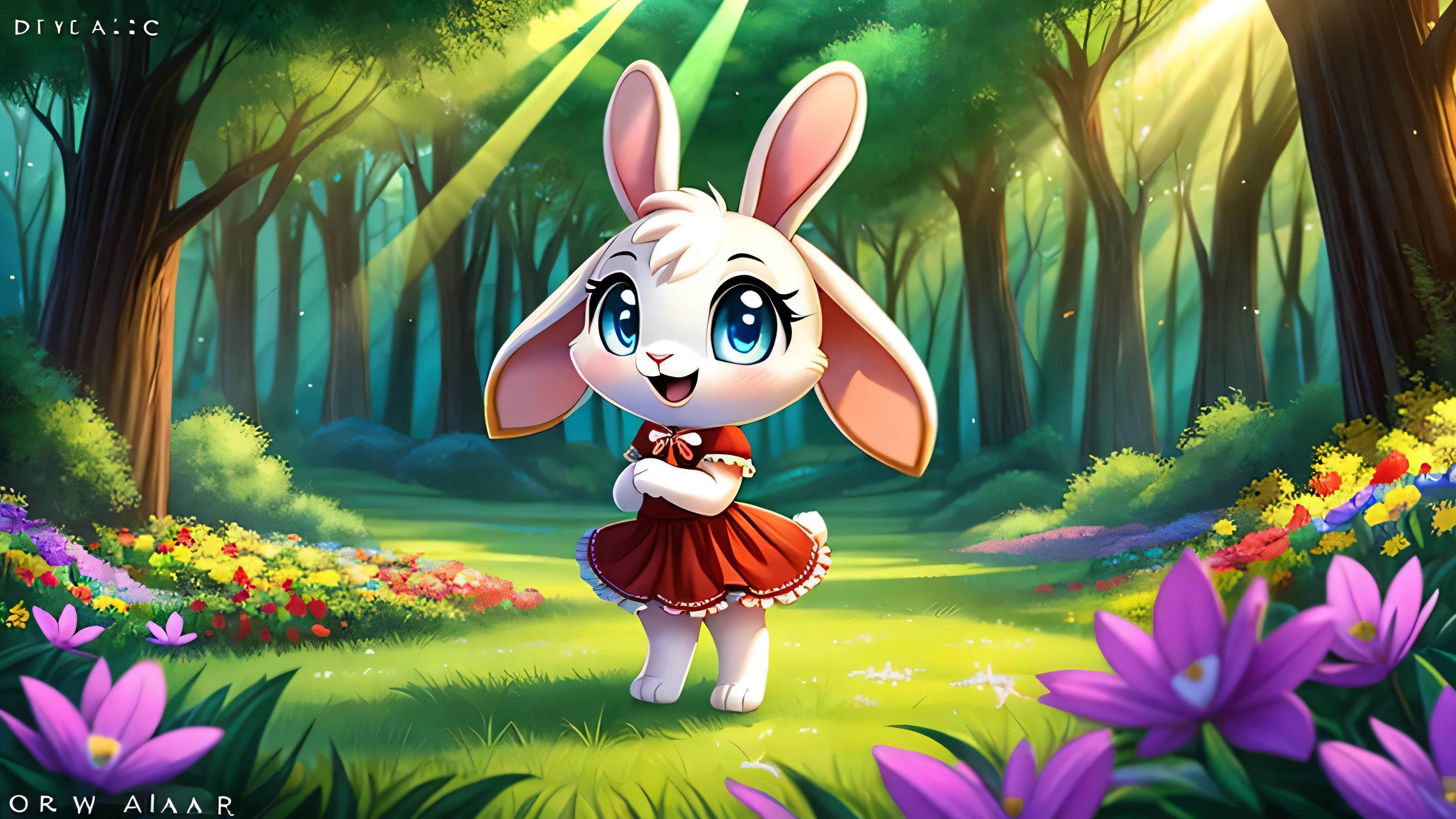 zoomed out image, ((solo character)), cute style art, fantasy style art, cute, adorable, short character, small, tiny little fluffy female white bunny with blue eyes, 4 ears, 2 extra ears, big floppy ears, long ears, ears perked up, raised ears, long eyelashes, poofy rabbit tail, wearing a red frilly ribbon dress, smiling, standing in a thick green forest, realistic forest, soft tones, big expressive smile, open mouth, wide eyes, excited eyes, excited face, looking at the scenery, looking at the trees in wonder, exploring happily, stunning visuals, sunlight coming through the trees, flowers scattered in the bushes, butterflies in the air, digital illustration