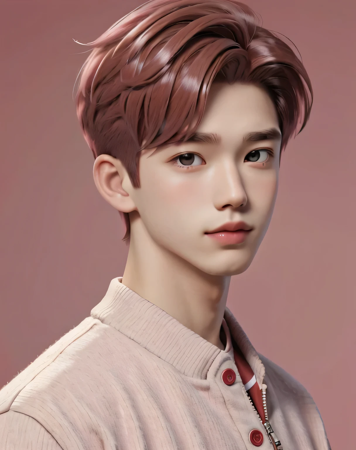 best quality, 1boy, solo, cartoon portrait , background, short hair, pink lips, red hair, wearing red varsity jacket