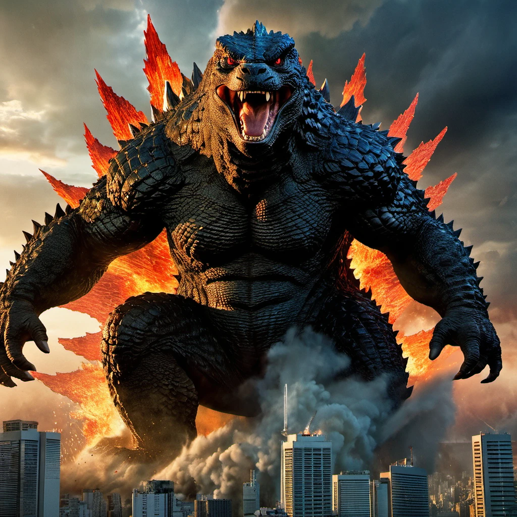 Godzilla in the middle of the sea showing up. A detailed skin and textured. Glowing skin. Many helicopter surrounded it and fire godzilla