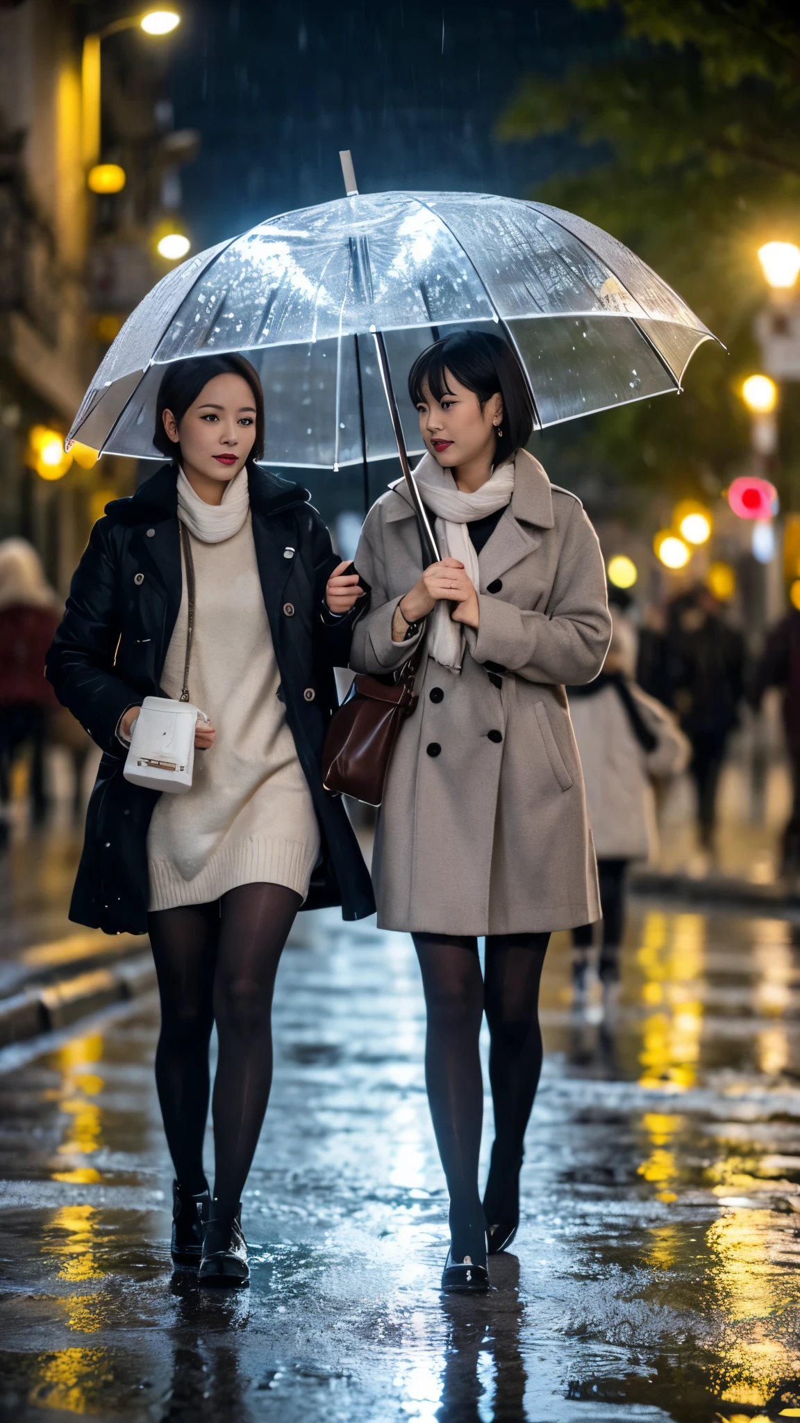 ,twins,gray hair,stockings,mature woman,rain,City of night