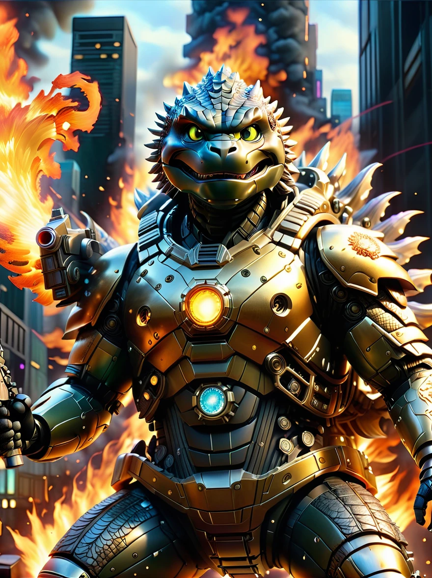 (panoramic, center, masterpiece, best quality: 1.2), godzilla,Wearing mechanical armor,holding gun with both hands,Fire flames, first-person view, pov, UHD, retina, masterpiece, ccurate, anatomically correct, textured skin, super detail, high details, 8k